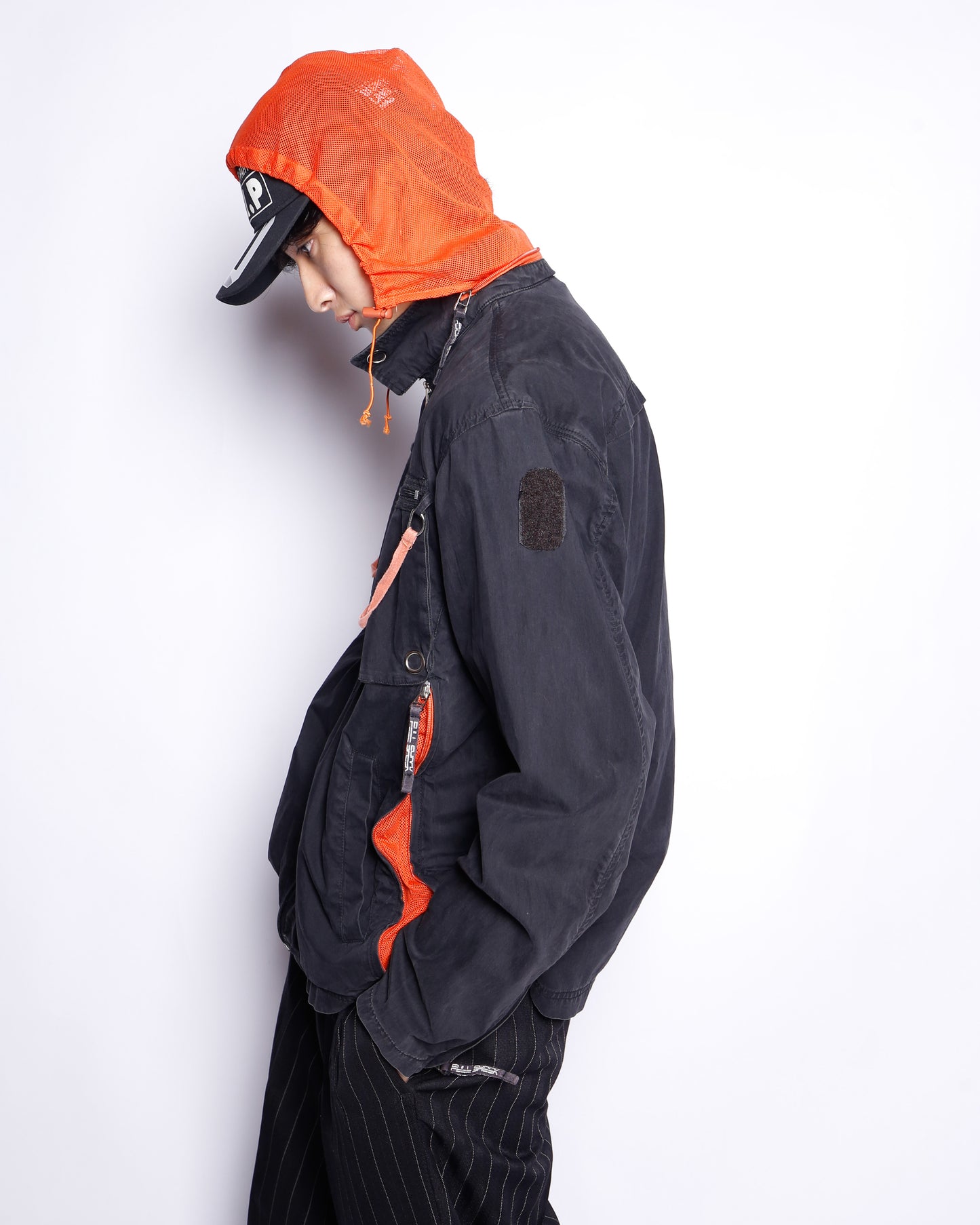 vintage gimmick techno jacket, hood strange