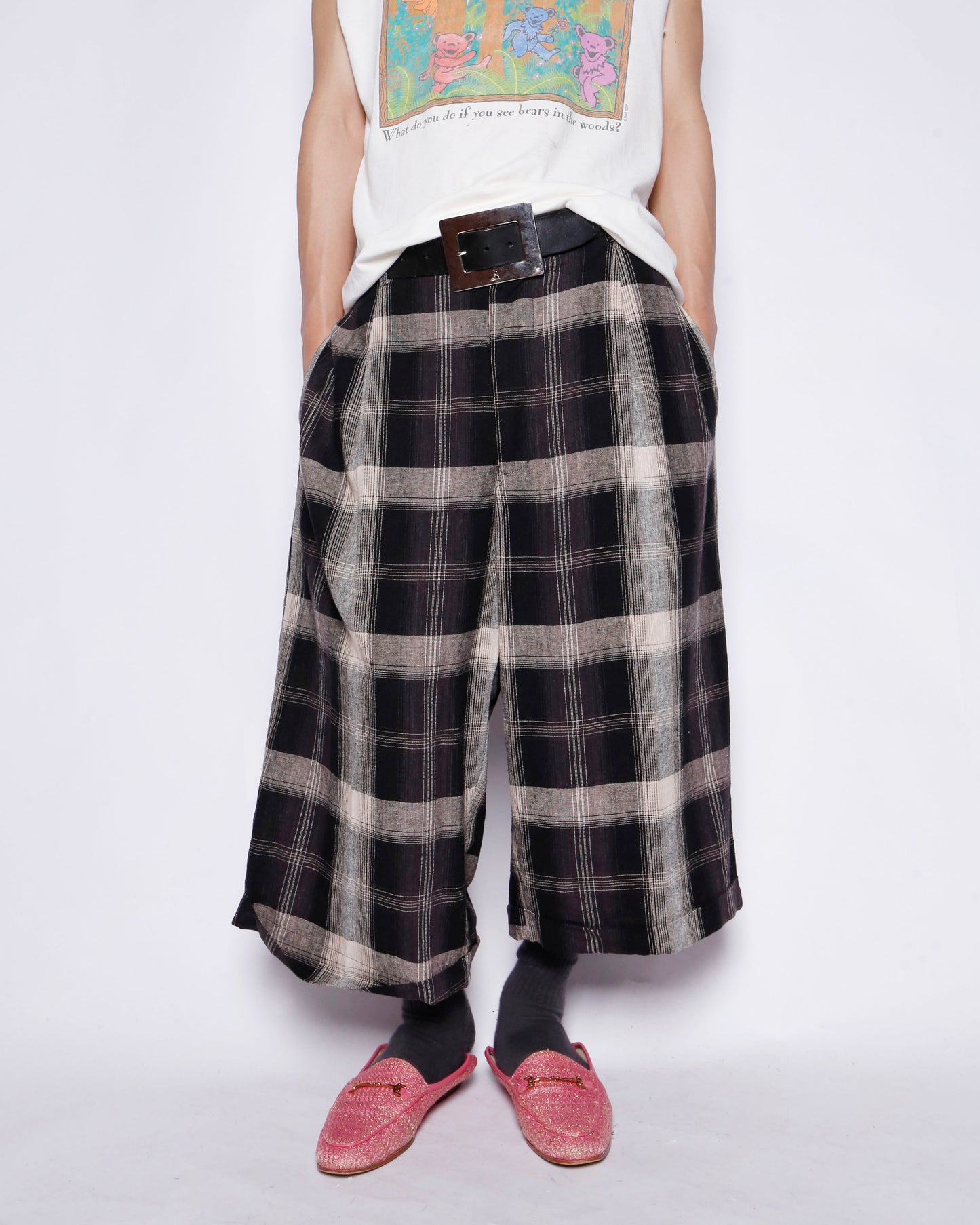 vintage ombre check linen bermuda shorts