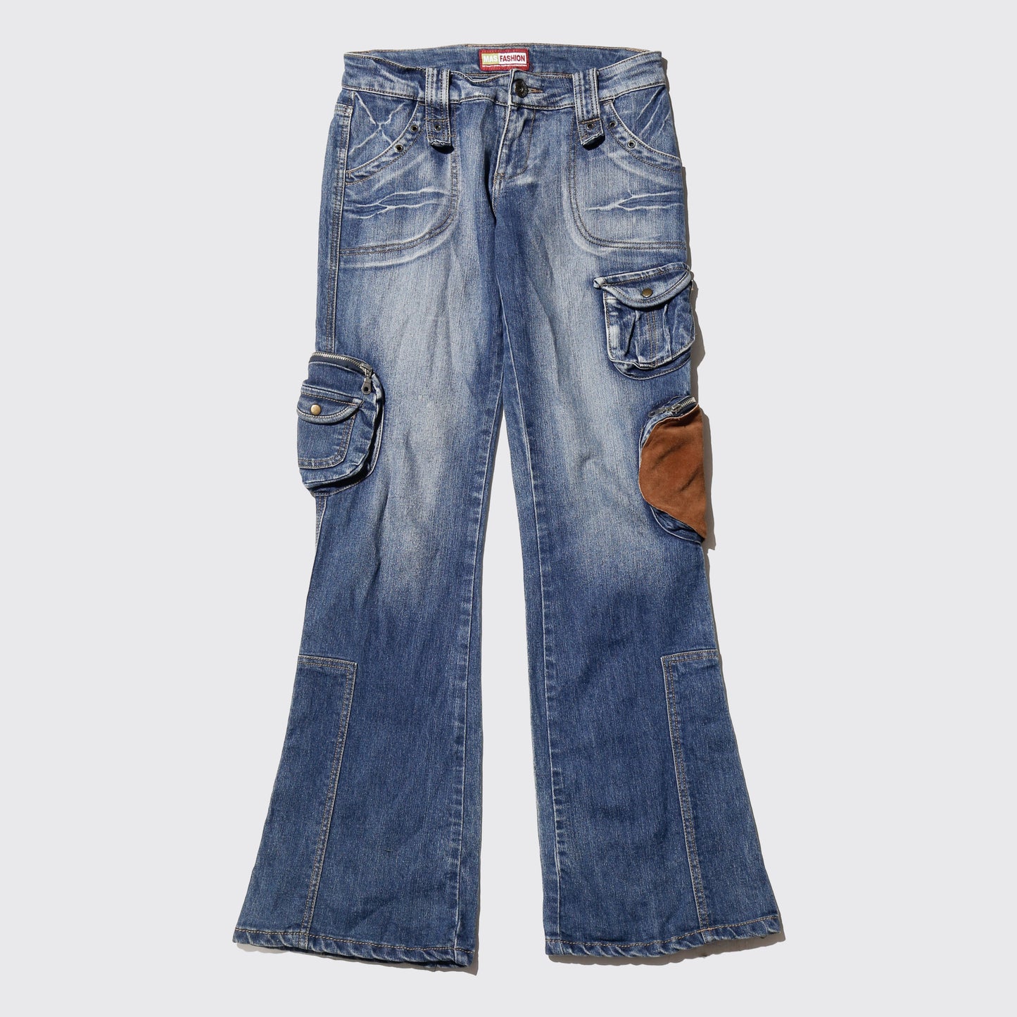 vintage low rise suede patch utility flare jeans