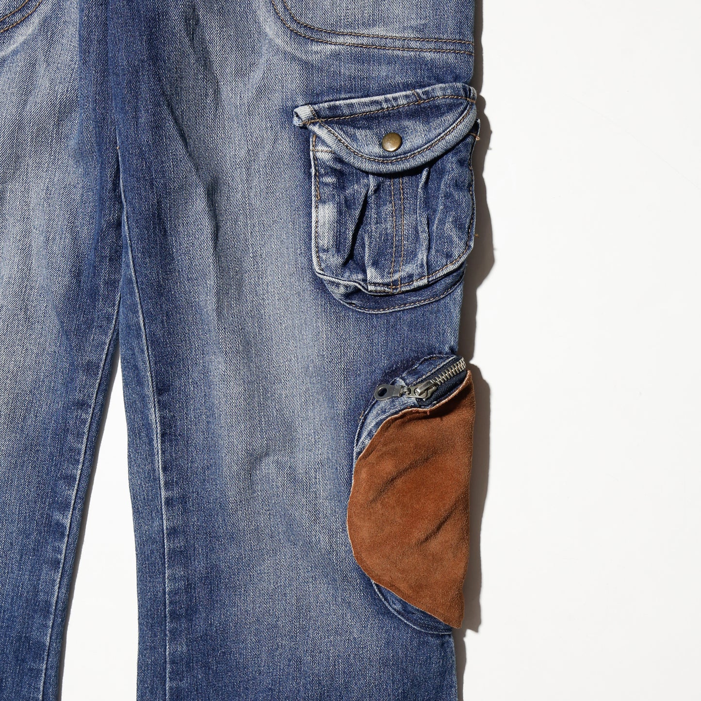 vintage low rise suede patch utility flare jeans