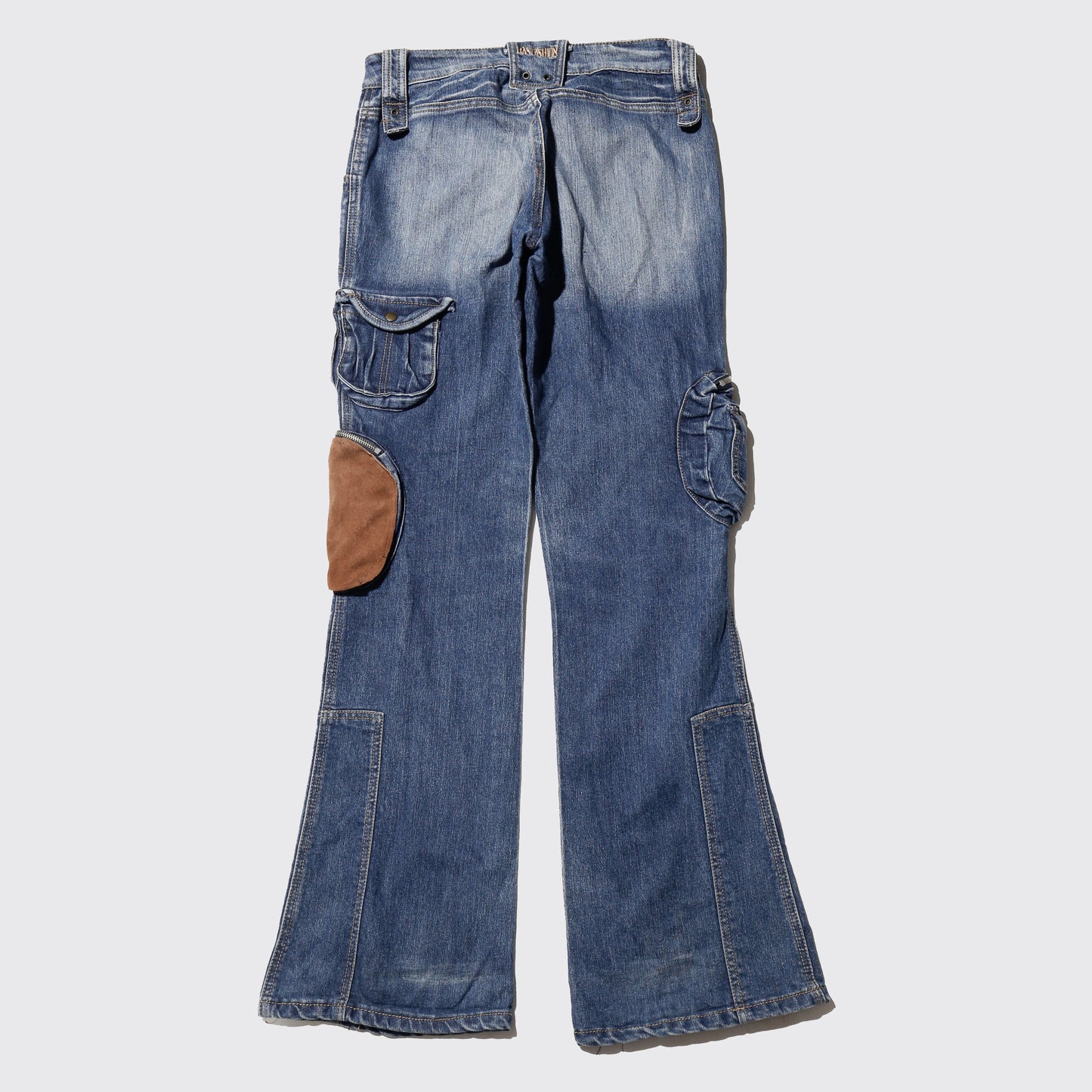 vintage low rise suede patch utility flare jeans
