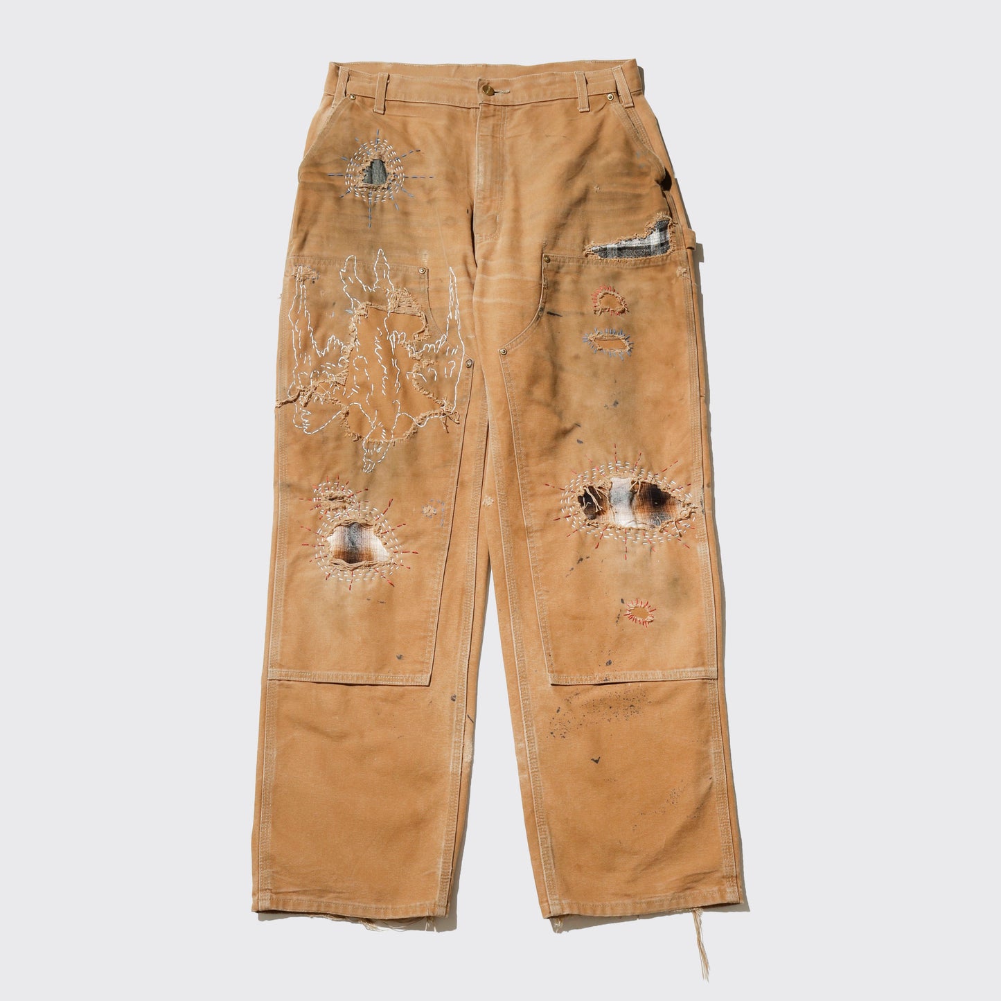 *one-off repaired double knee trousers, *hand crane stitched