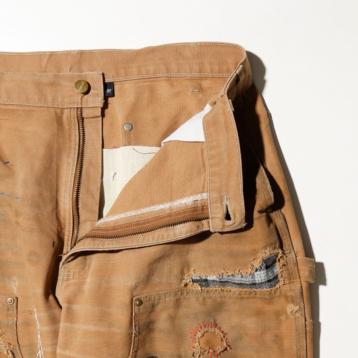 *one-off repaired double knee trousers, *hand crane stitched