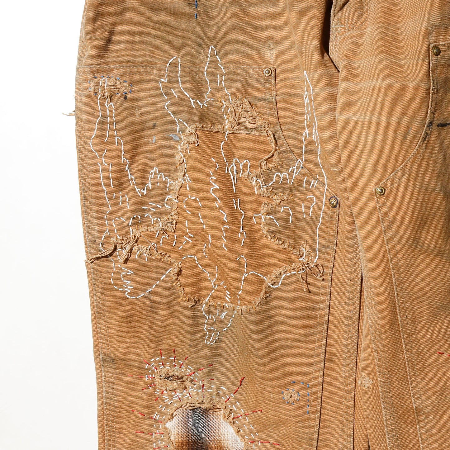 *one-off repaired double knee trousers, *hand crane stitched