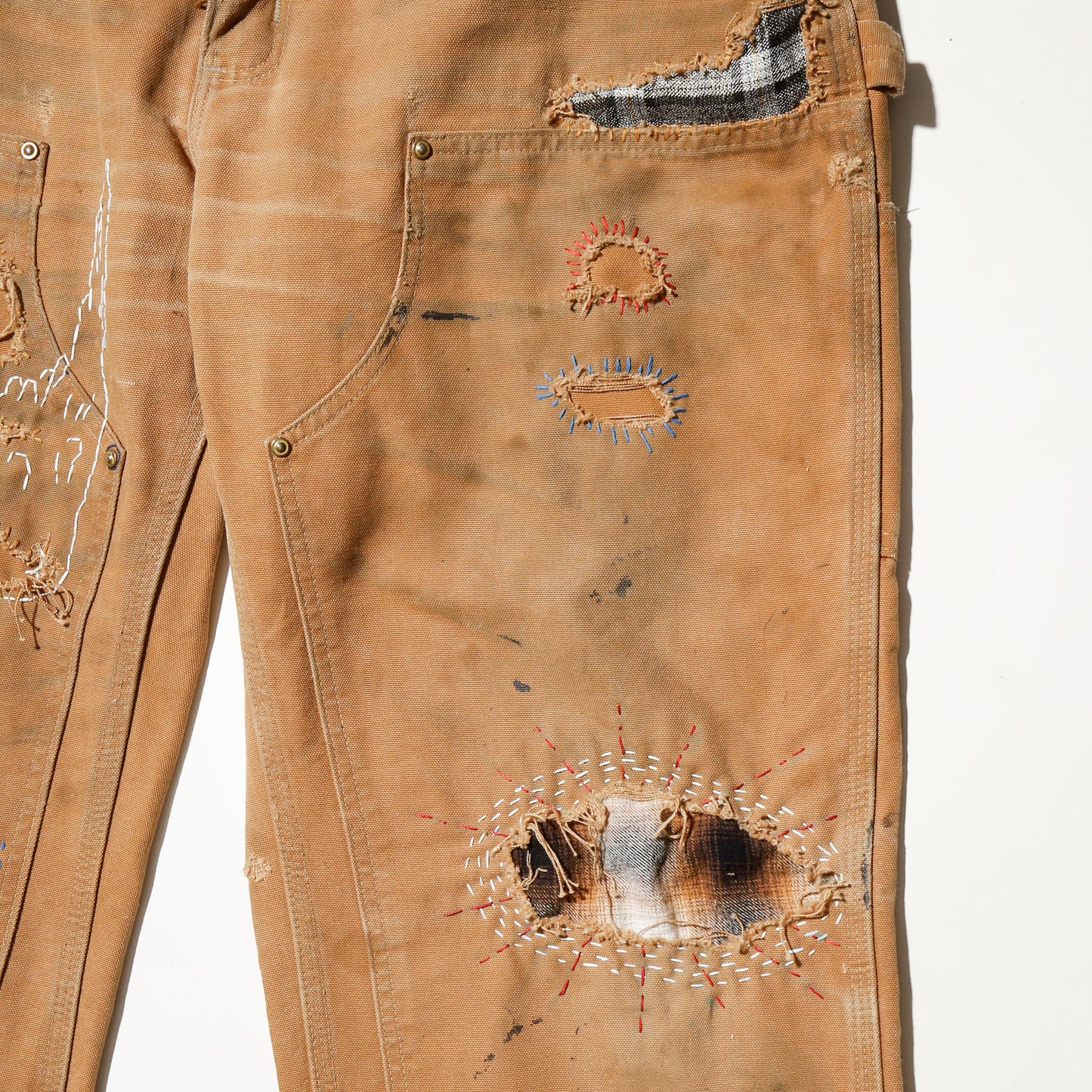 *one-off repaired double knee trousers, *hand crane stitched