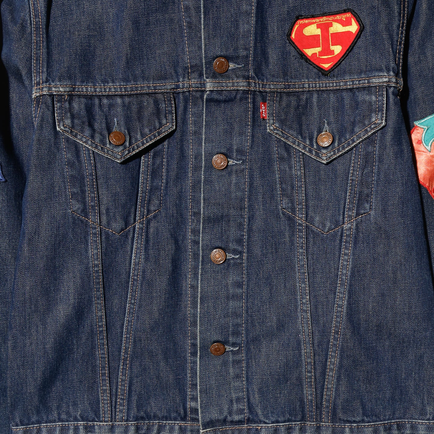 *one-off 90's levi's custom trucker jacket, *back crossed wrenches