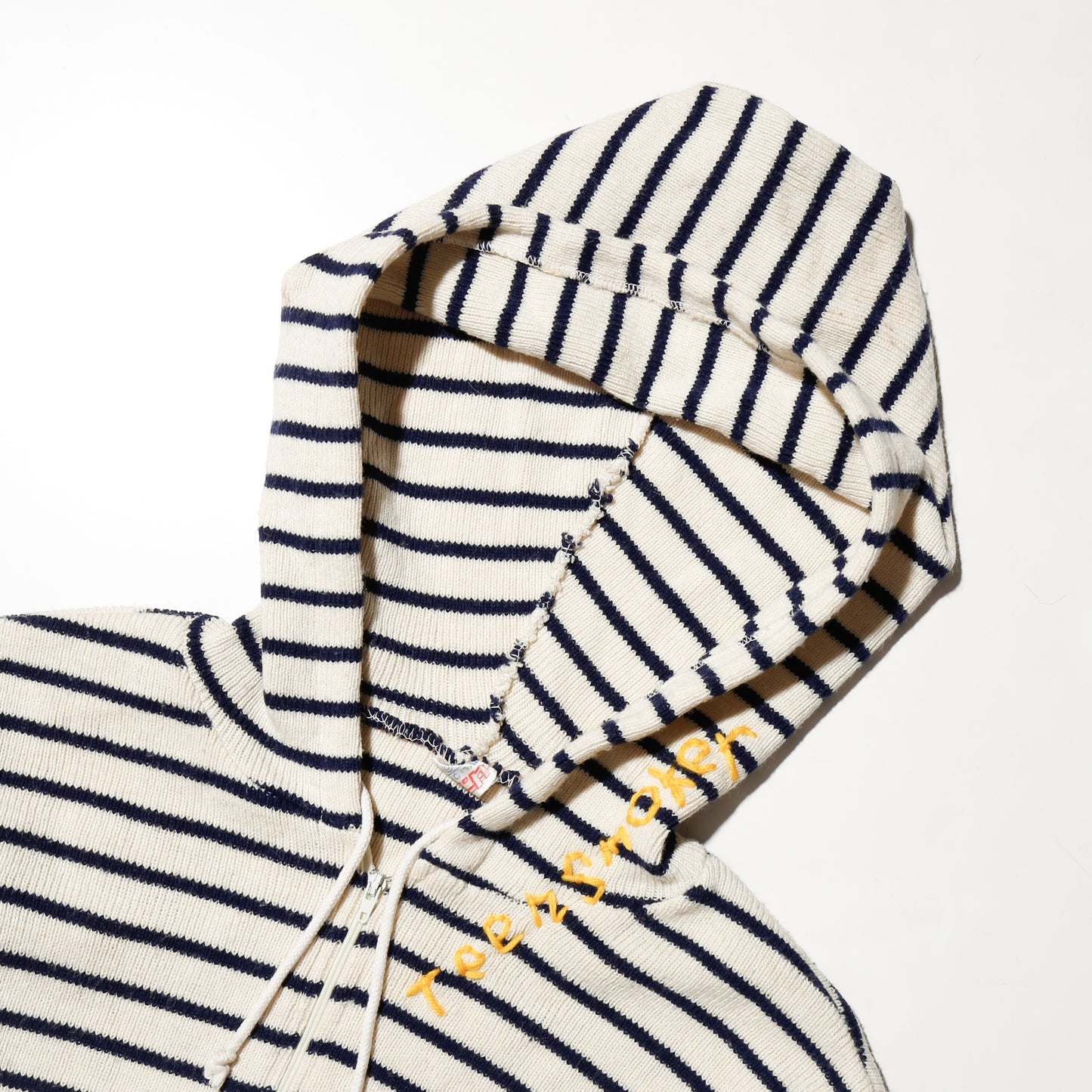 *one-off hand stitched border knit hoodie, "teen smoker"