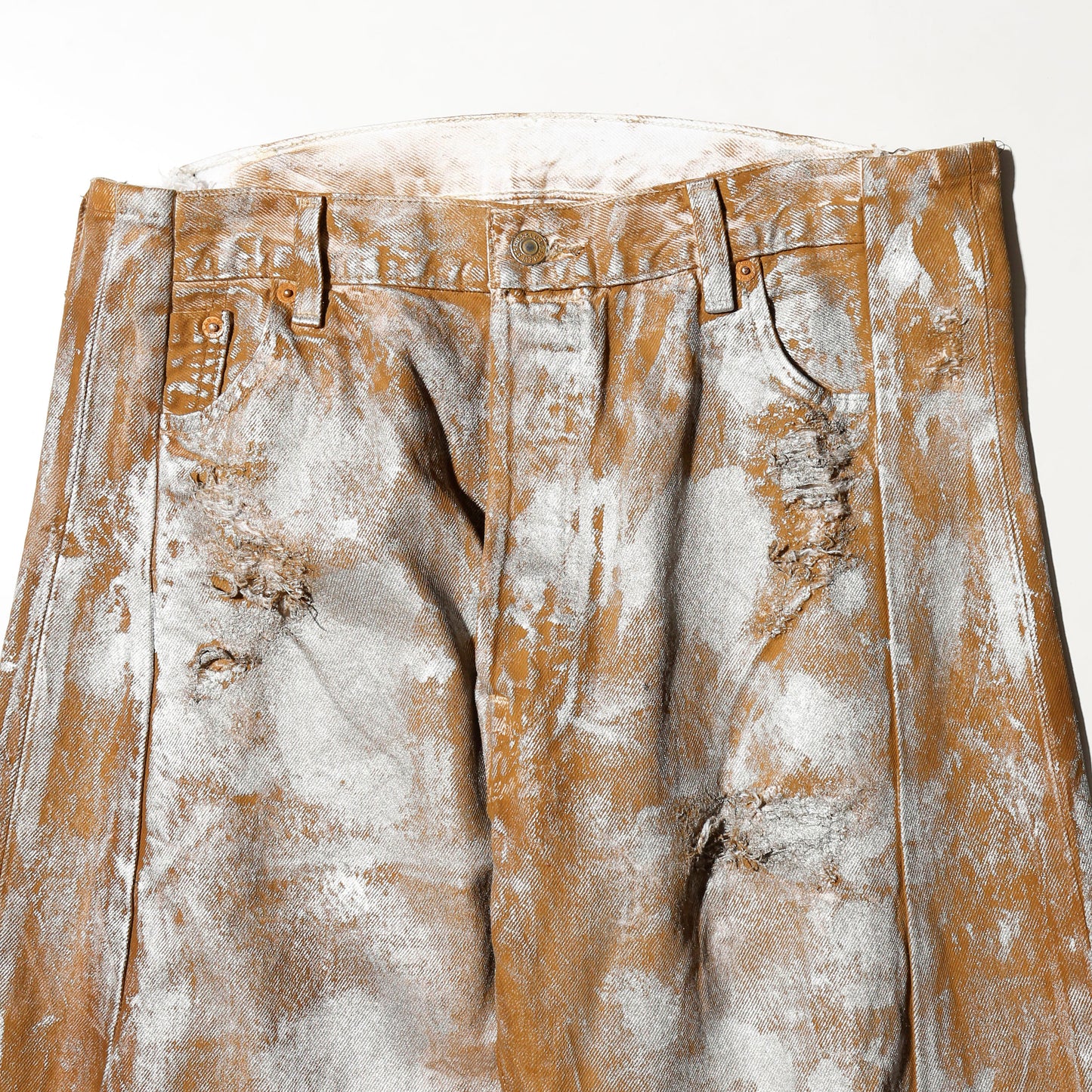 *one-off broken upside down jeans: model- silver dust camel