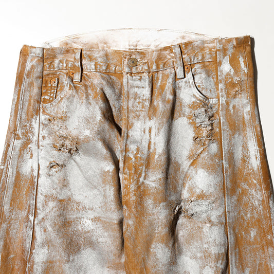 *one-off broken upside down jeans: model- silver dust camel