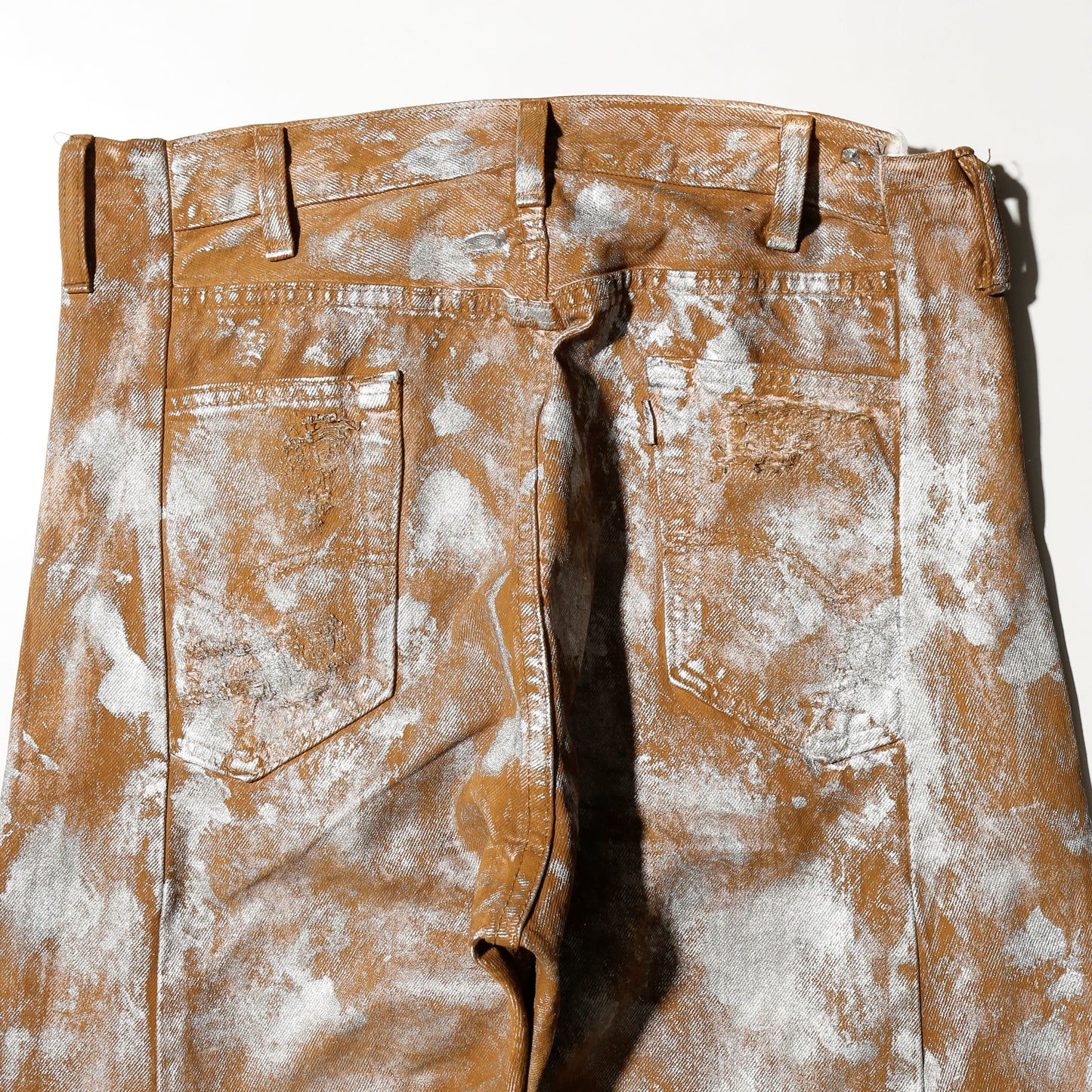 *one-off broken upside down jeans: model- silver dust camel