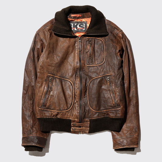 vintage ribbed aviator leather jacket