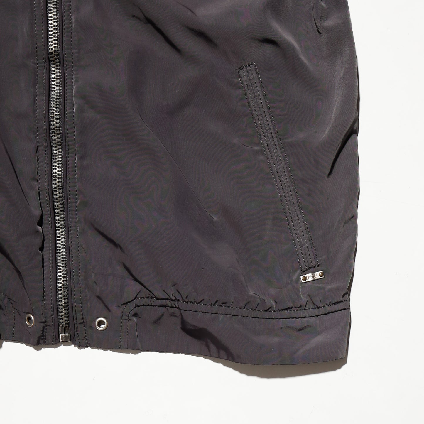 vintage 00's diesel nylon racing jacket, hood storage