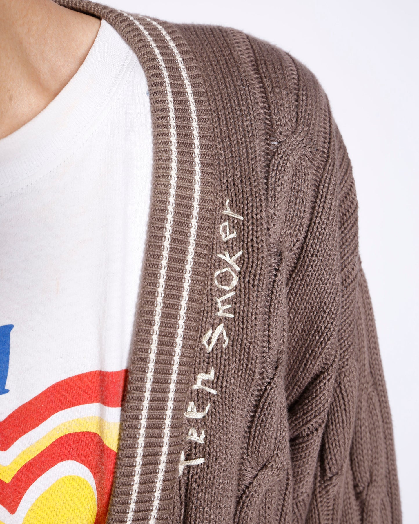 *one-off hand stitched cardigan, "teen smoker"