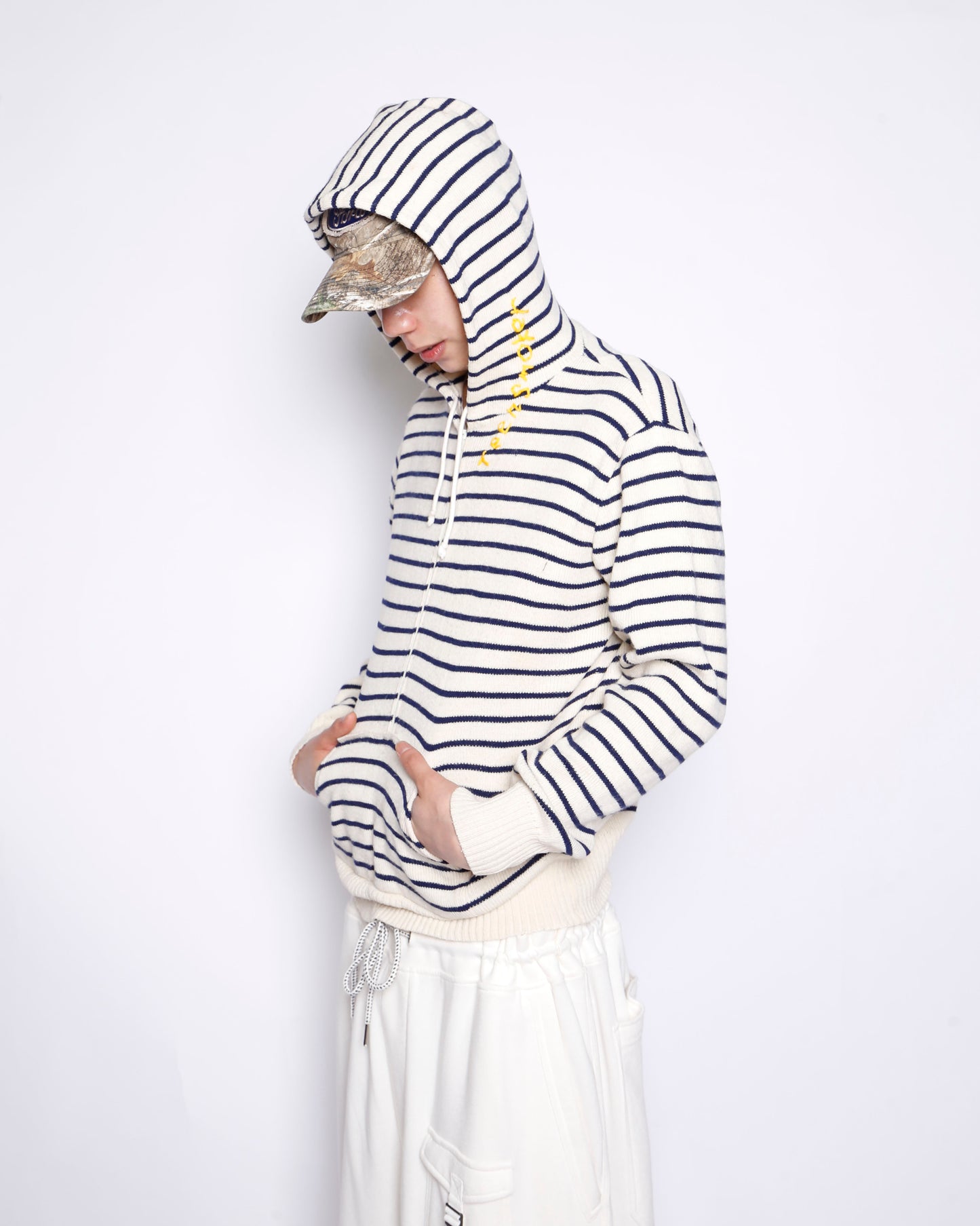 *one-off hand stitched border knit hoodie, "teen smoker"