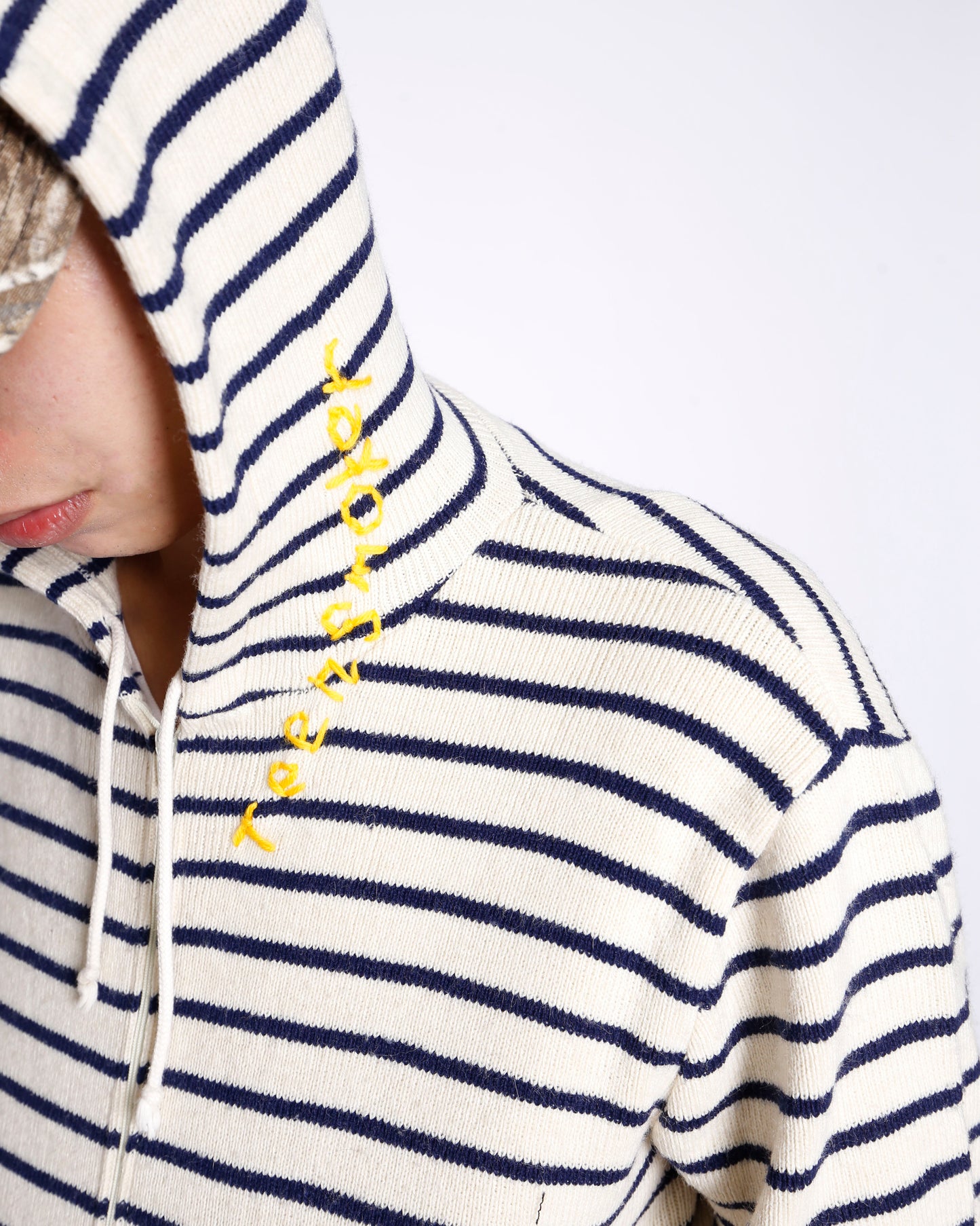 *one-off hand stitched border knit hoodie, "teen smoker"