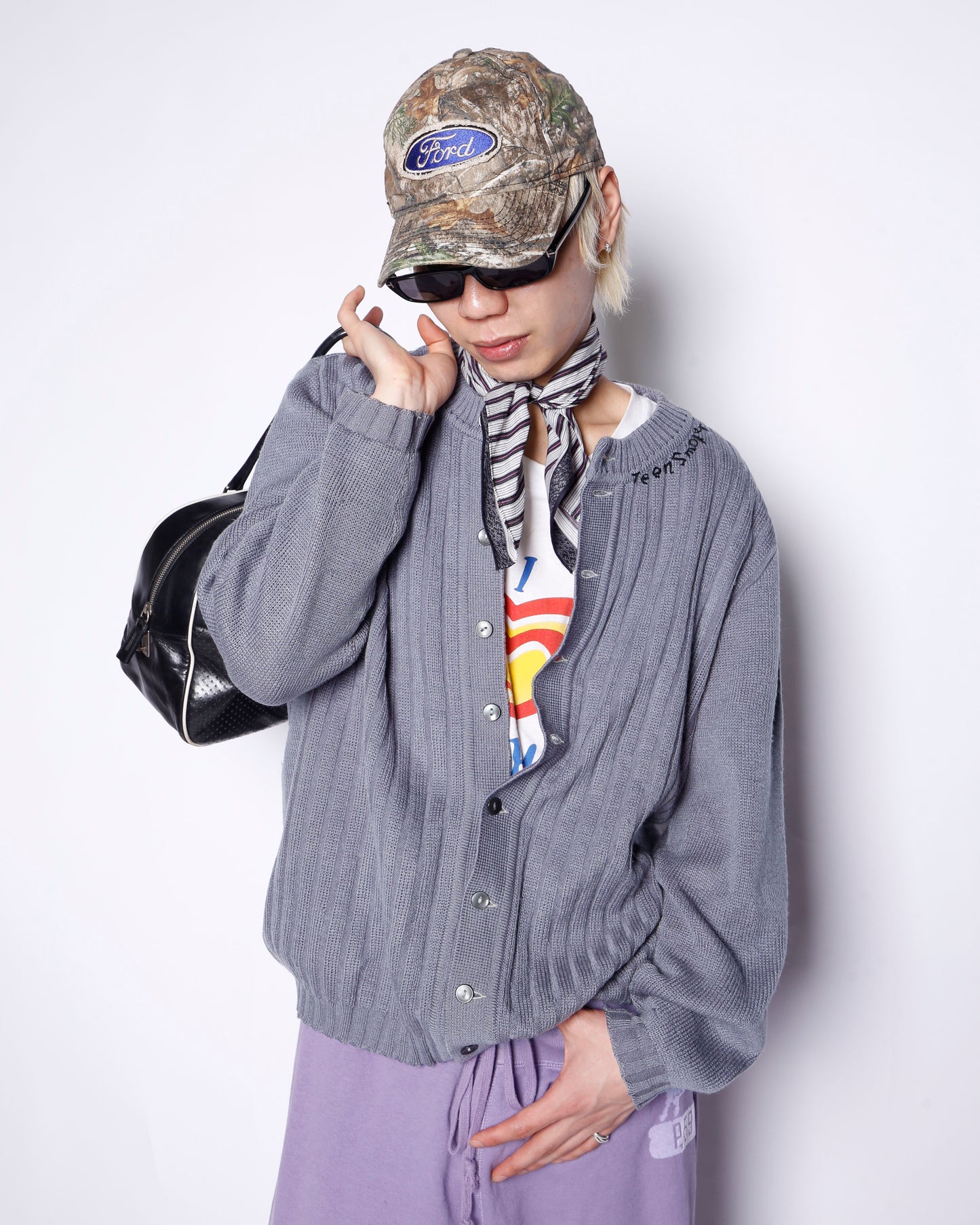*one-off hand stitched cardigan, "teen smoker"