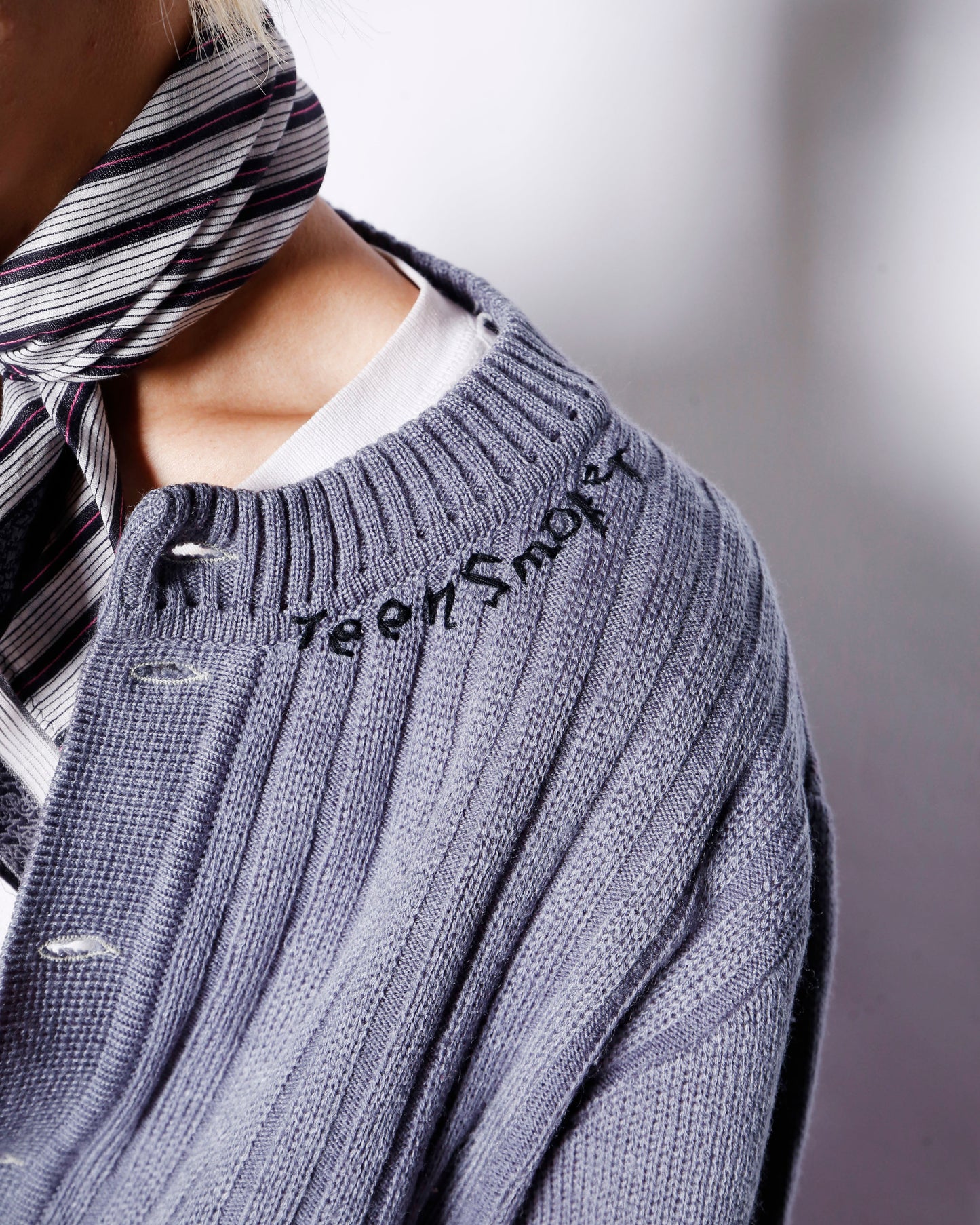 *one-off hand stitched cardigan, "teen smoker"