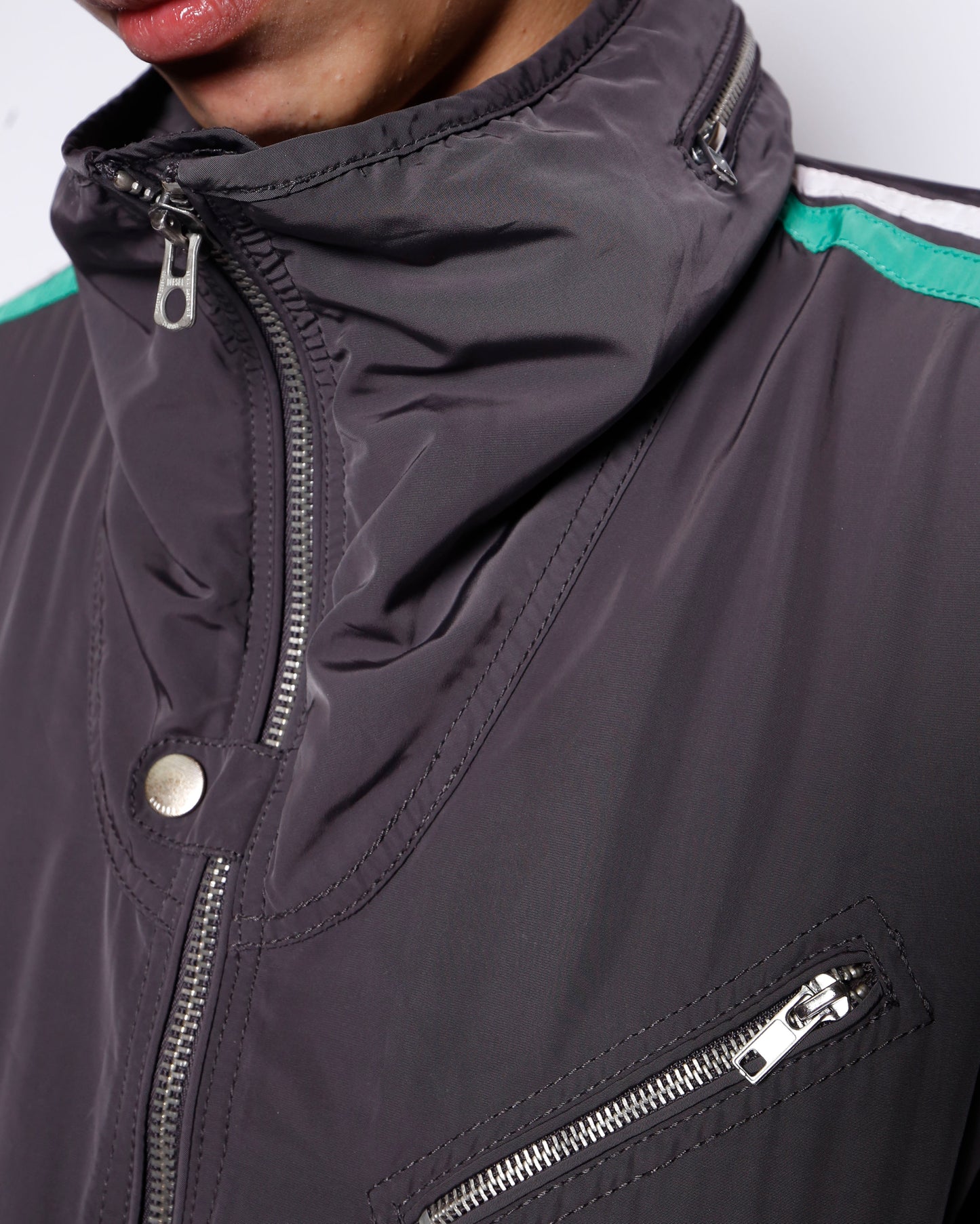 vintage 00's diesel nylon racing jacket, hood storage