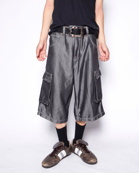 vintage textured metalic denim cargo shorts