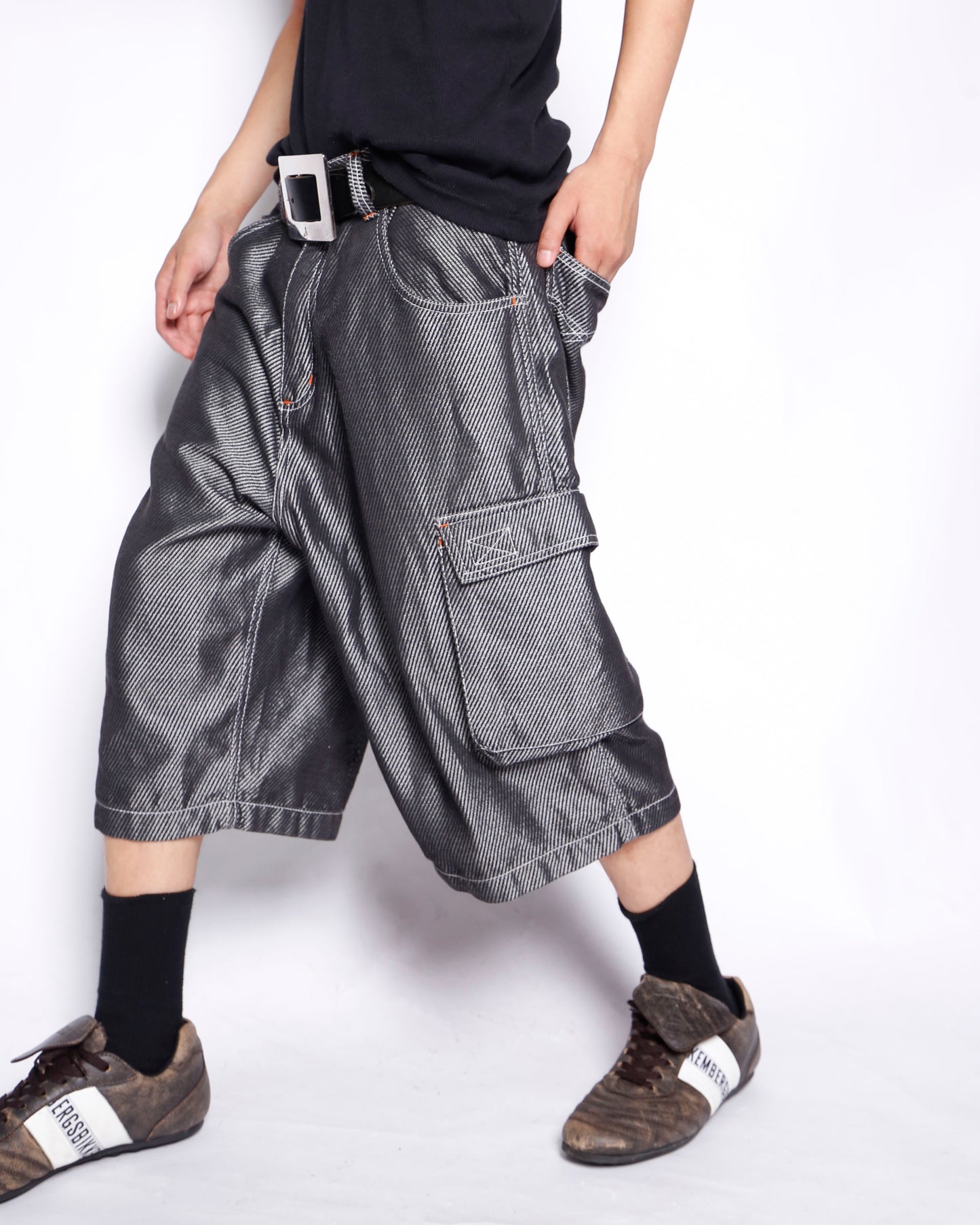 vintage textured metalic denim cargo shorts