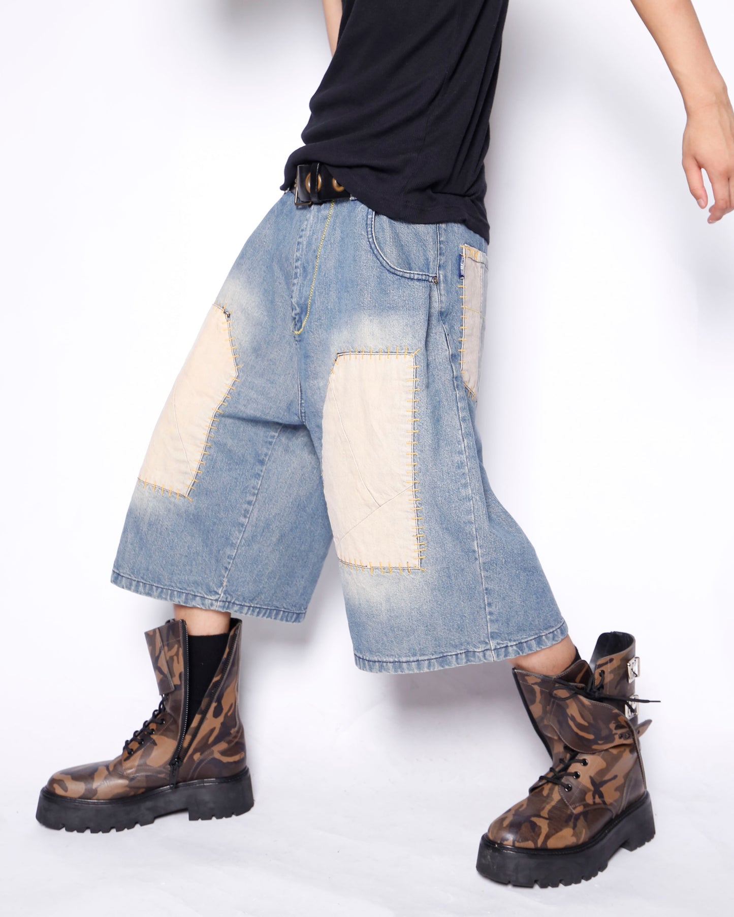 vintage knee patchwork bermuda denim shorts *resized