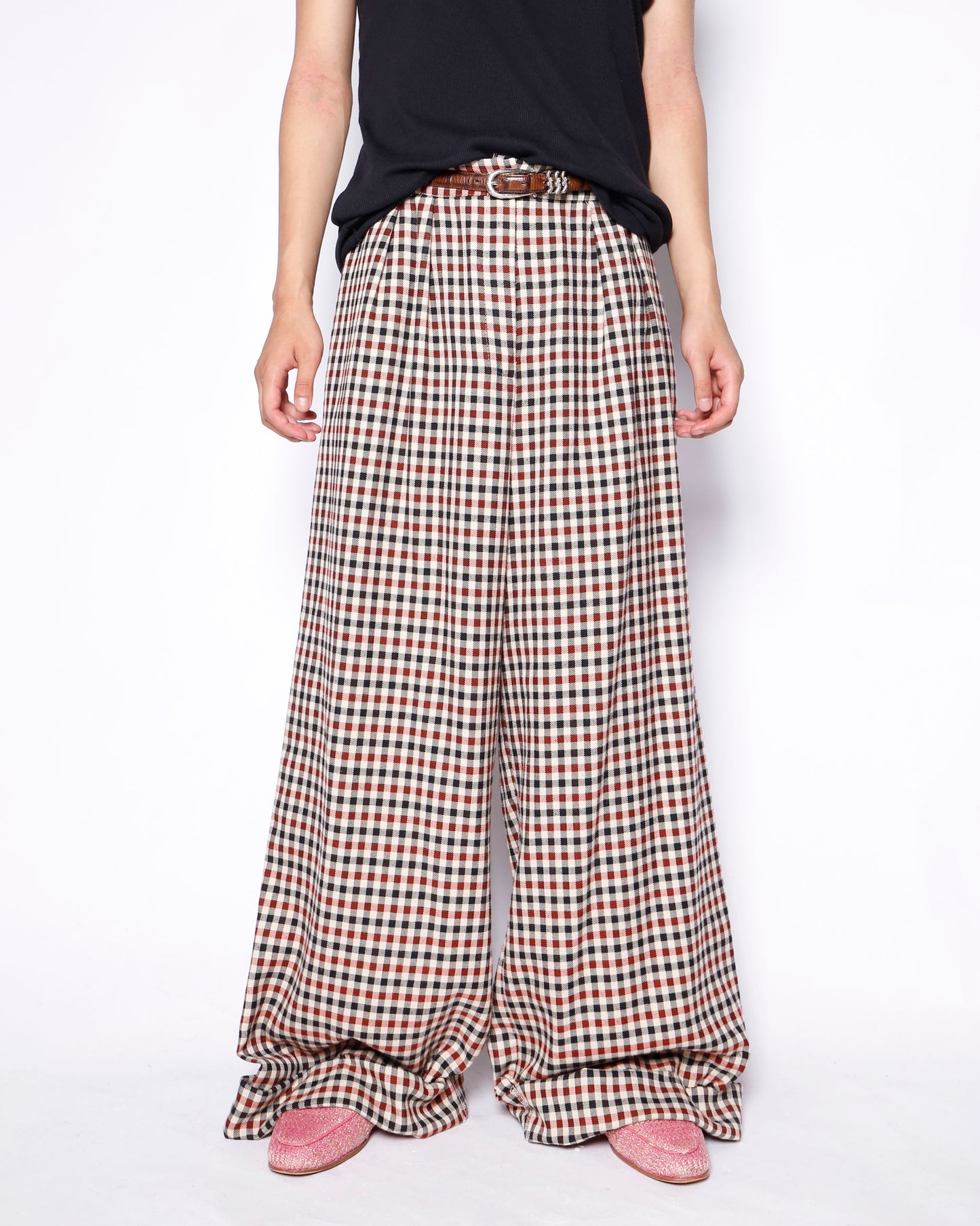 vintage check tucked wide slacks