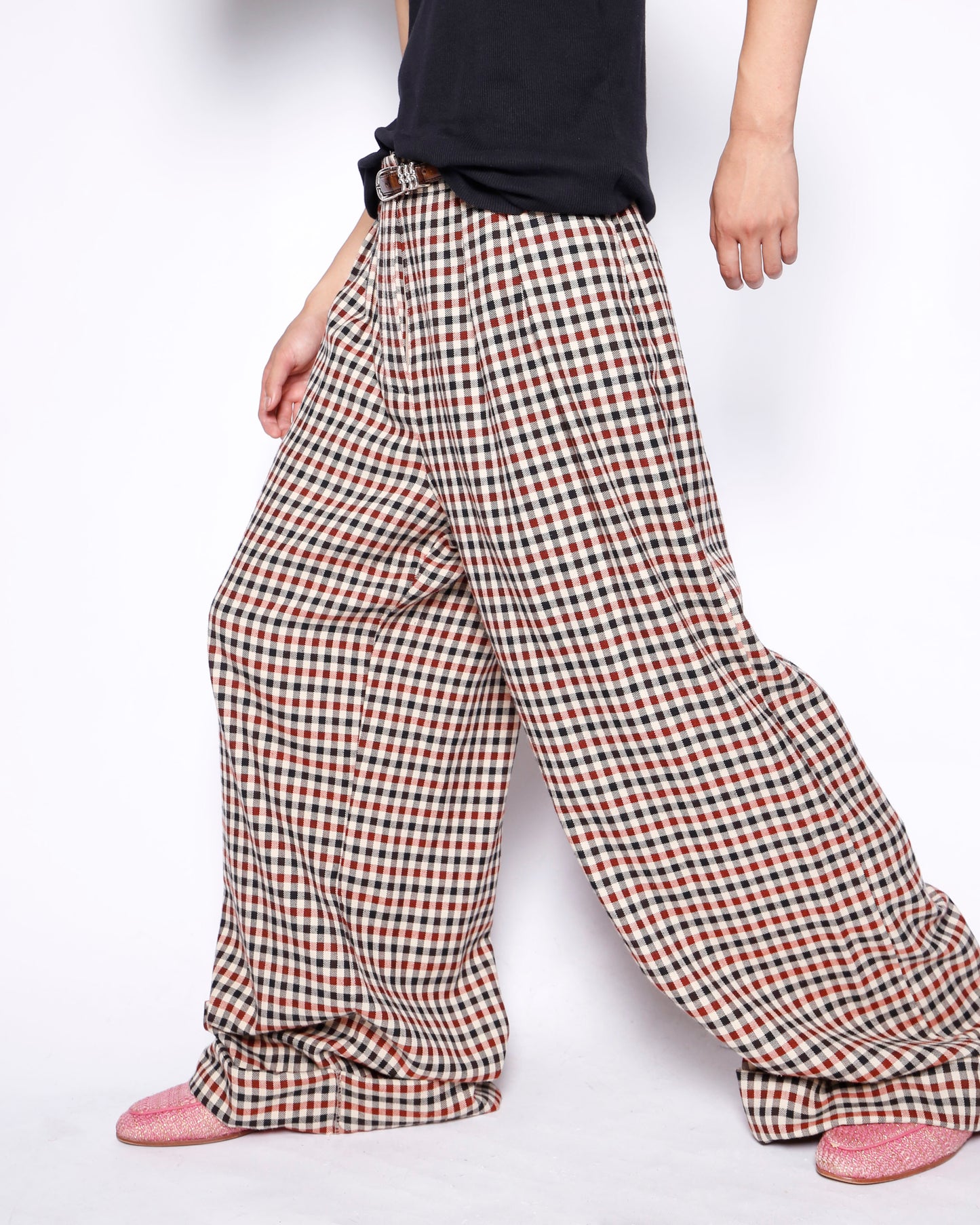 vintage check tucked wide slacks