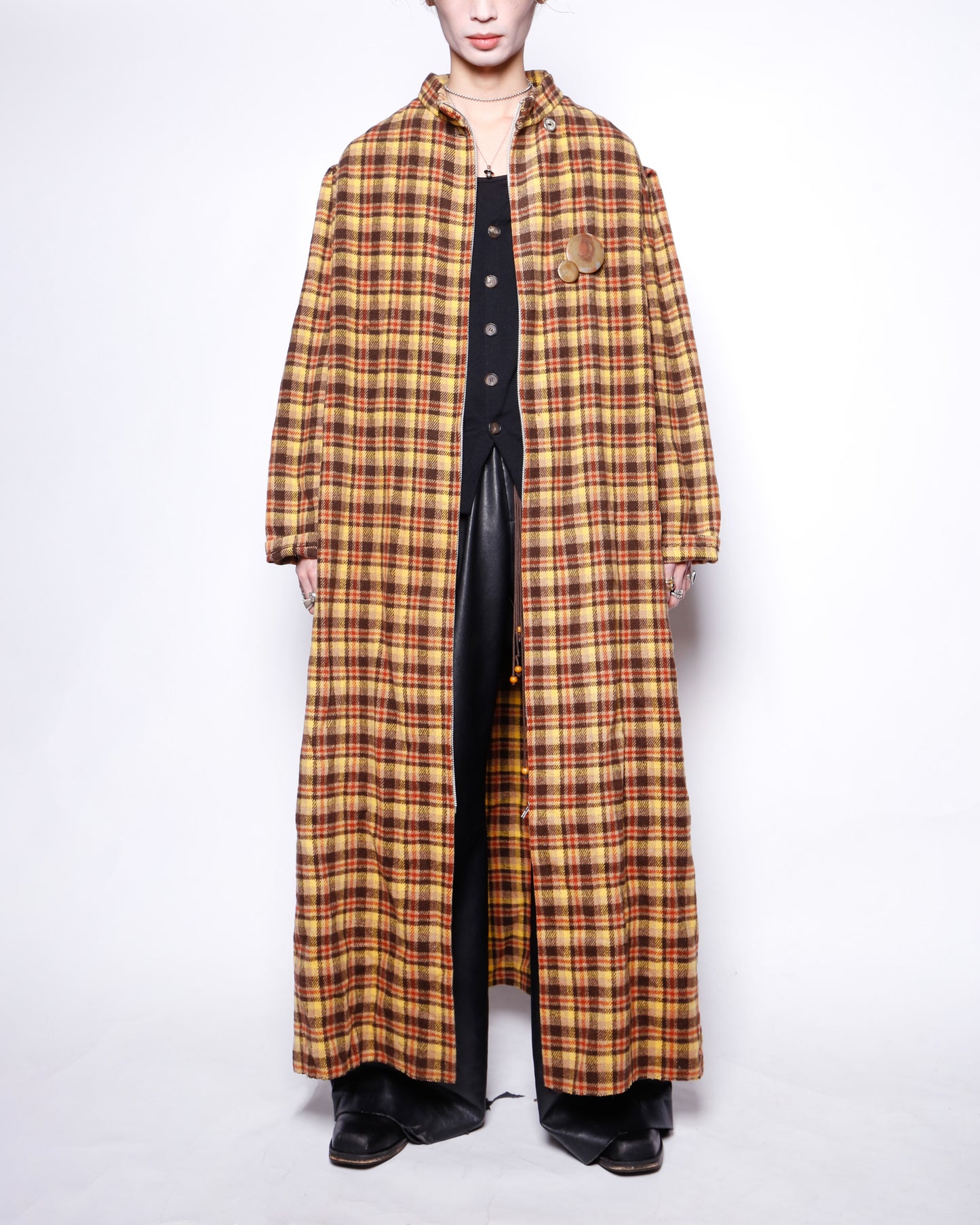 vintage super long check wool coat