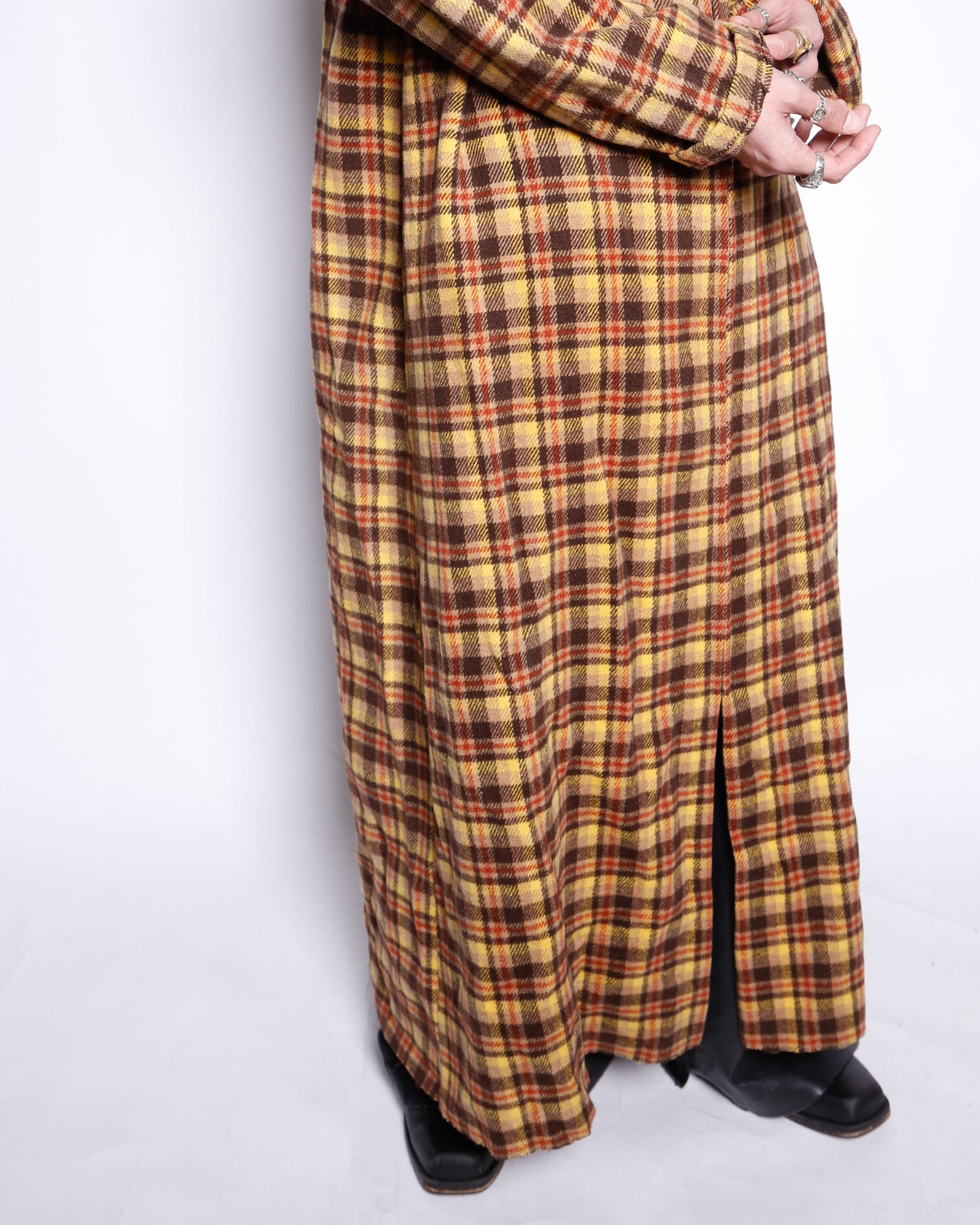 vintage super long check wool coat