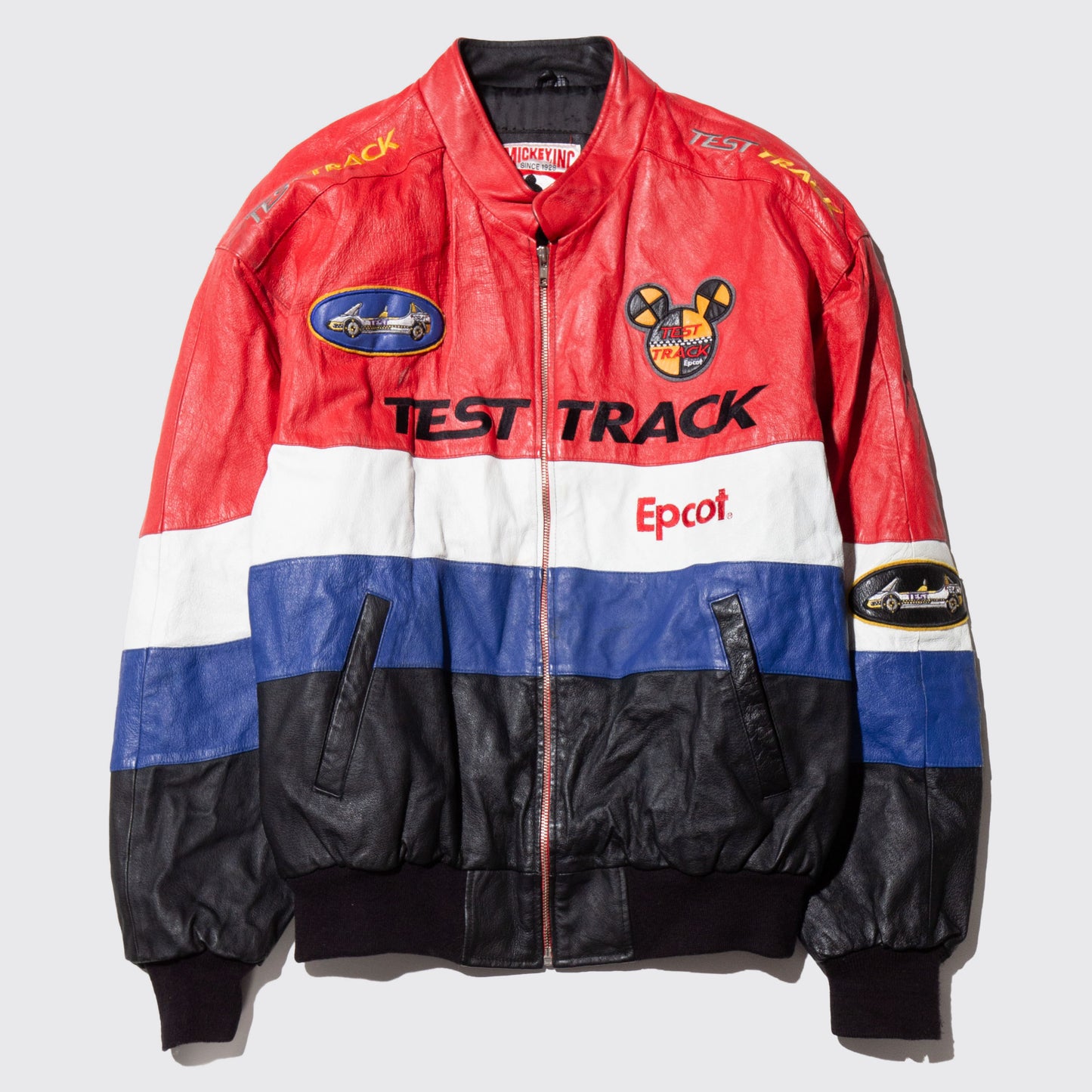 vintage 90's mickey inc test track leather jacket