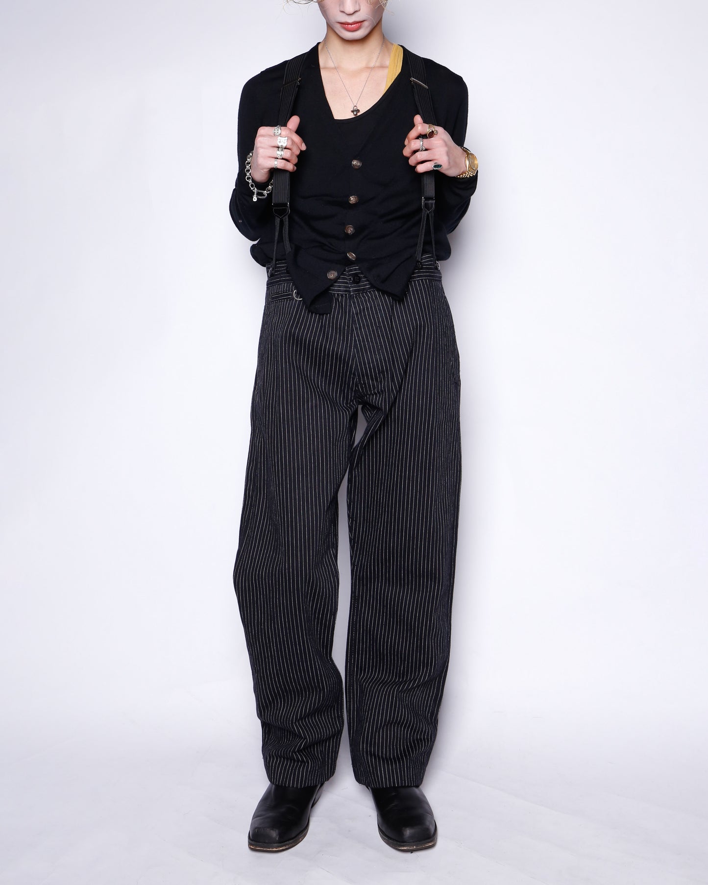 vintage stripe denim work trousers , with suspender