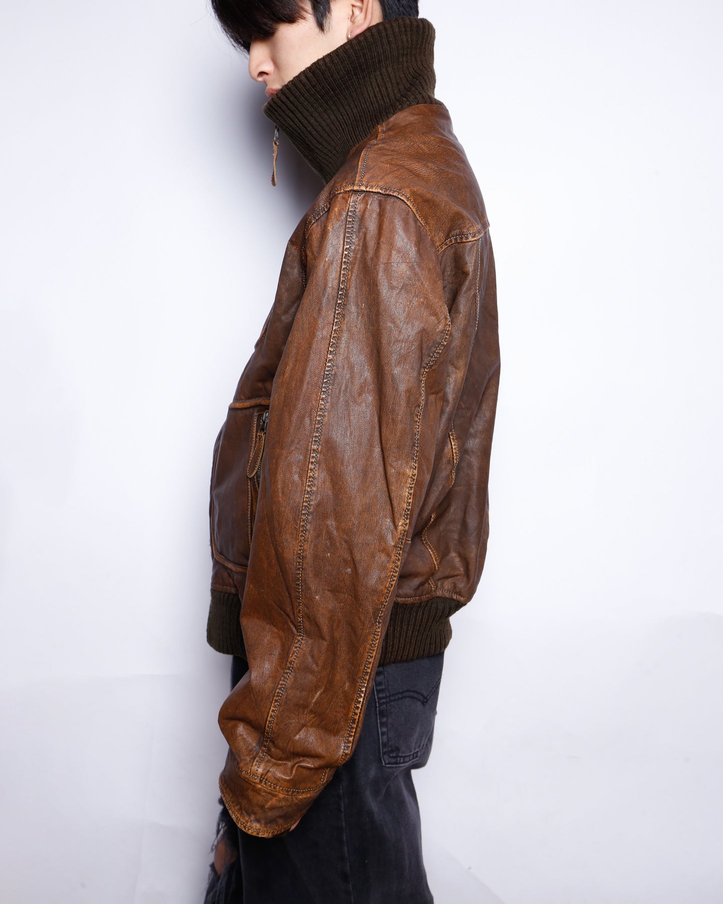 vintage ribbed aviator leather jacket