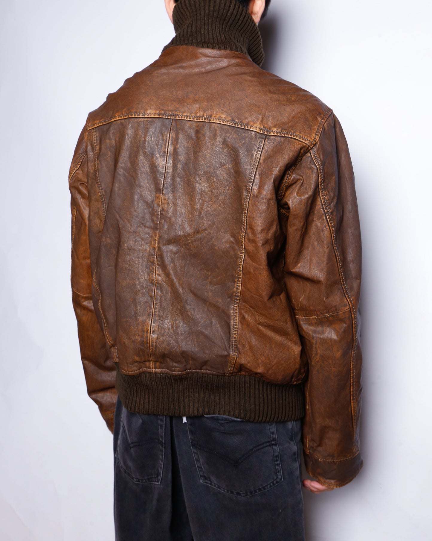 vintage ribbed aviator leather jacket