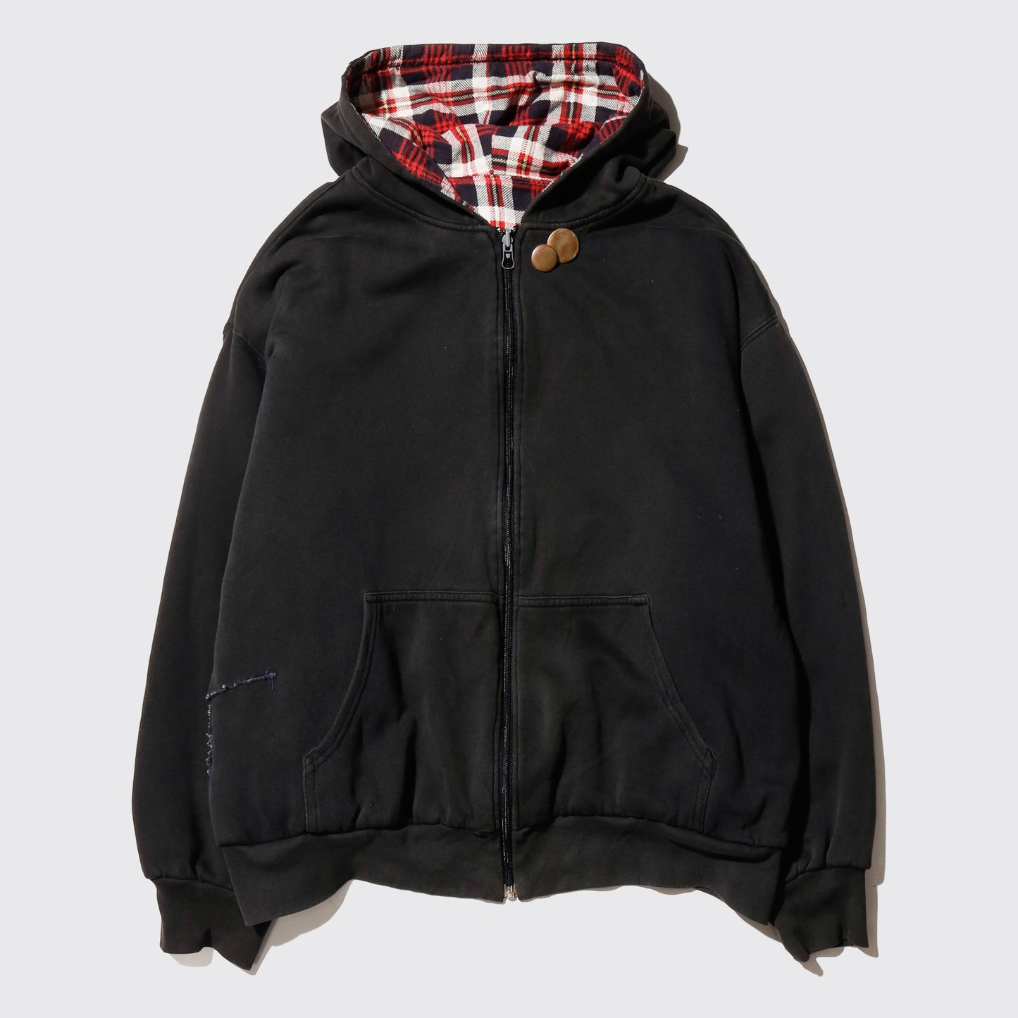 vintage reversible check hoodie, with copper badge