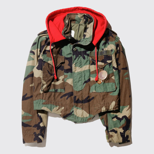 *one-off cropped field jacket , with hoodie/kapper badge