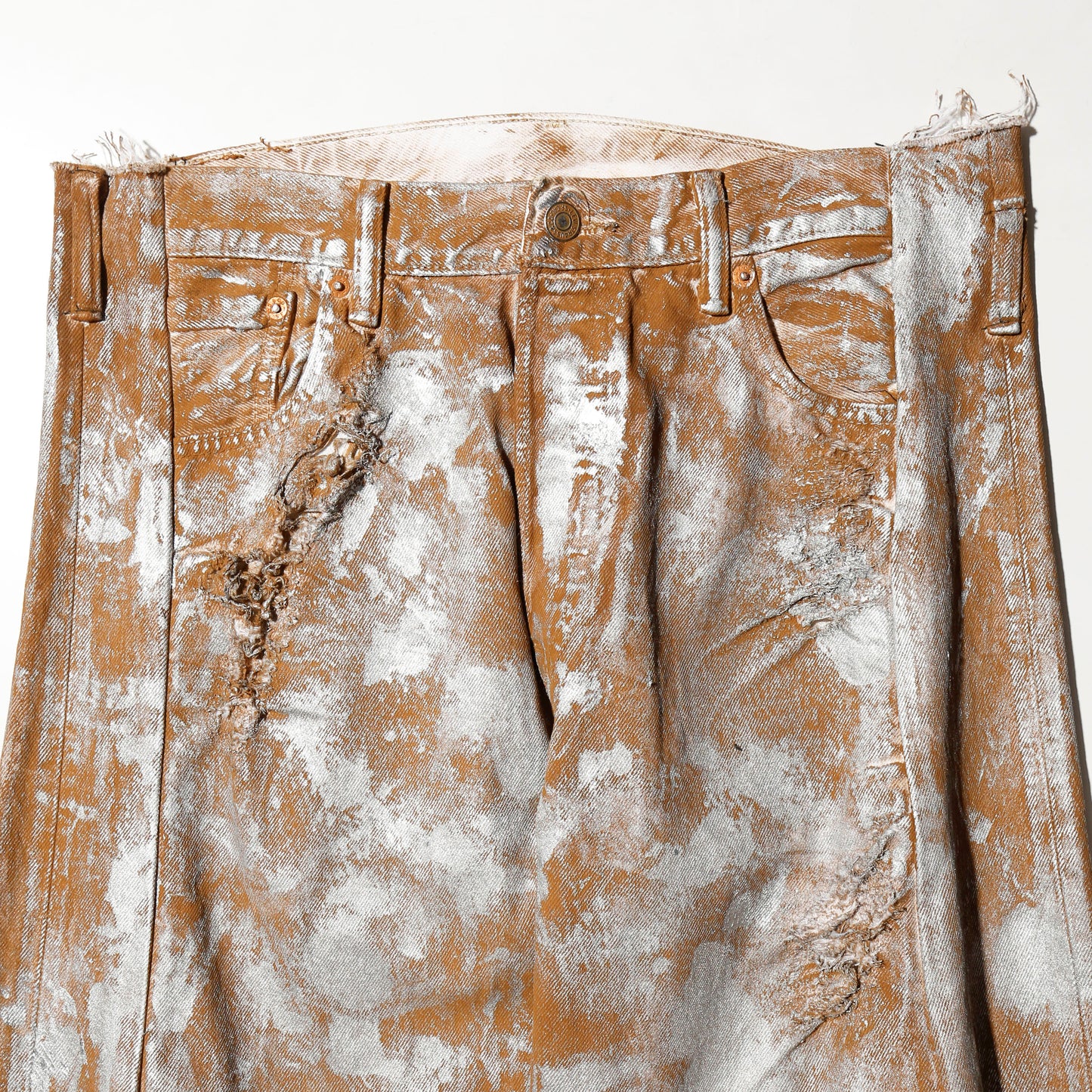 *one-off broken upside down jeans: model- silver dust camel