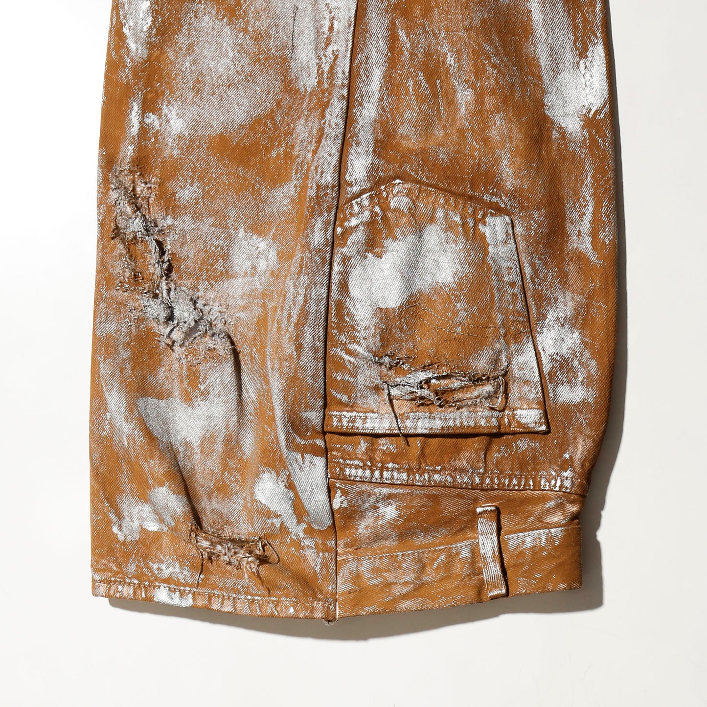*one-off broken upside down jeans: model- silver dust camel