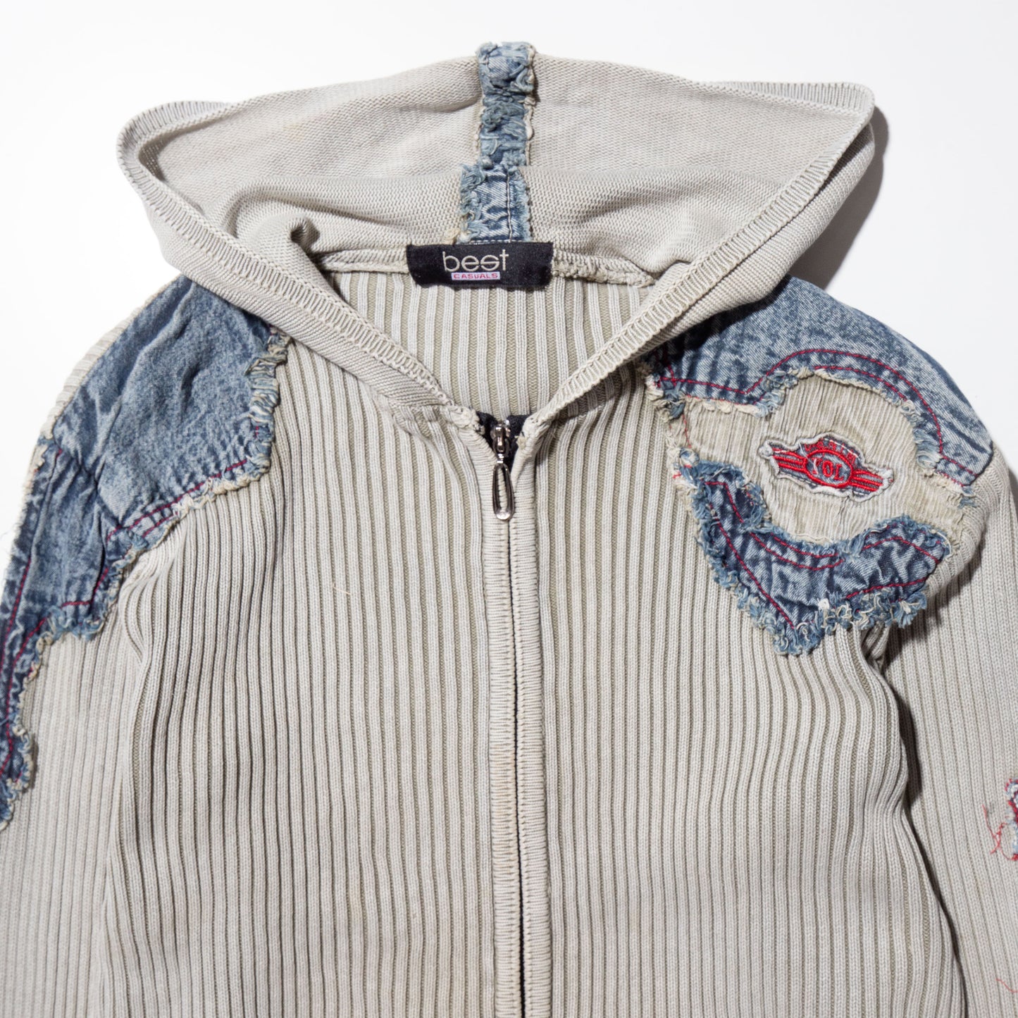 vintage denim combi rib knit hoodie