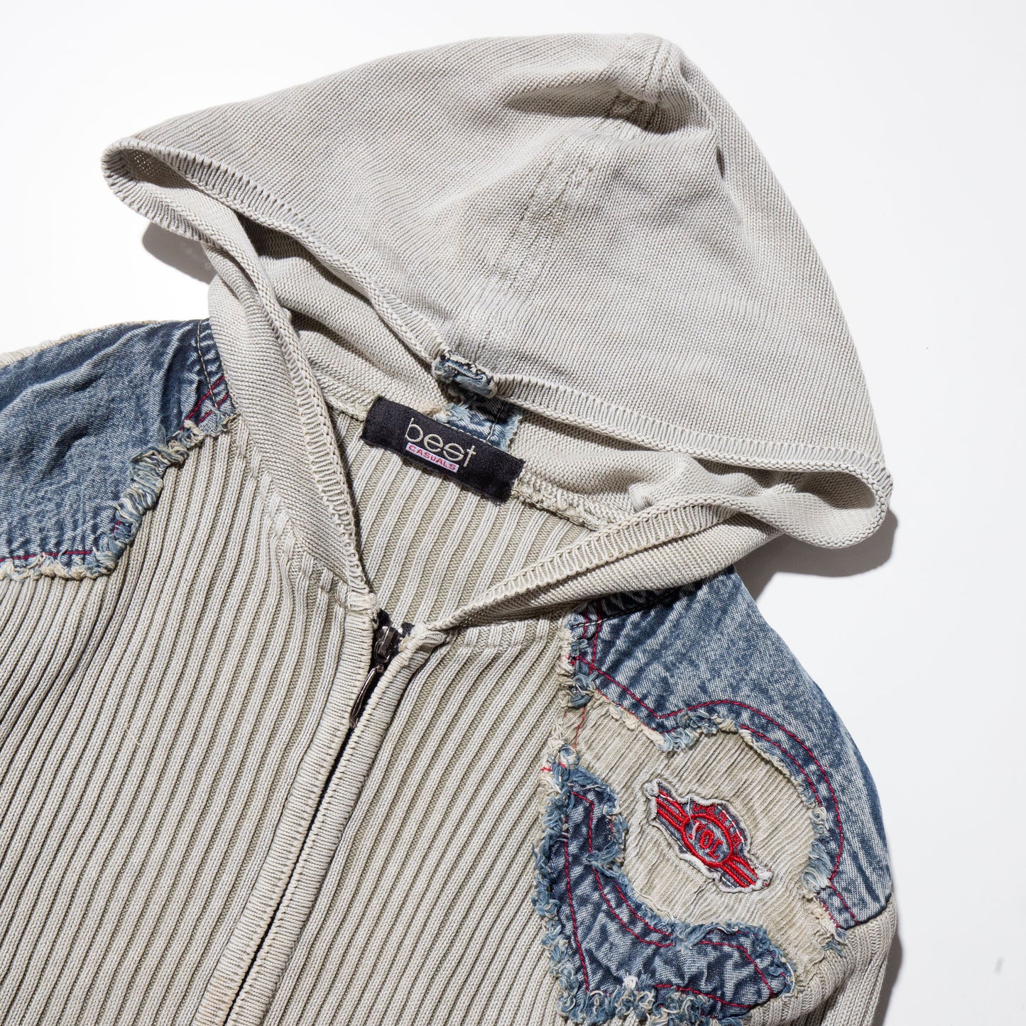 vintage denim combi rib knit hoodie