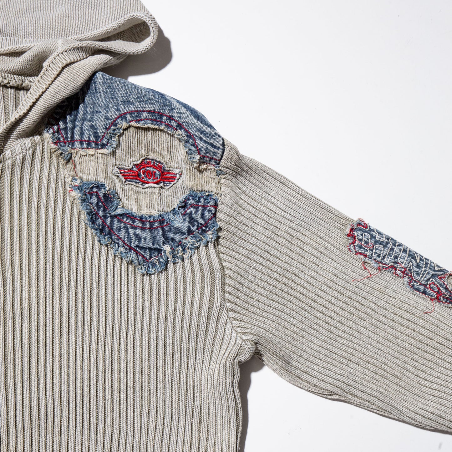 vintage denim combi rib knit hoodie