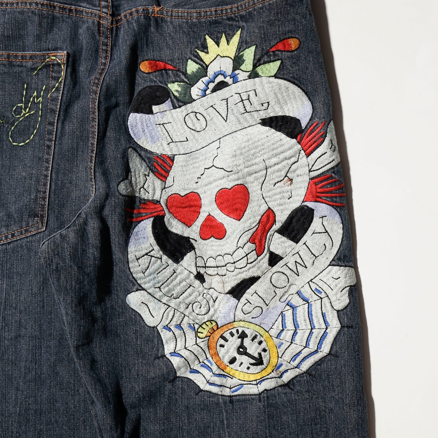 vintage 00's ed hardy broderied wide jeans