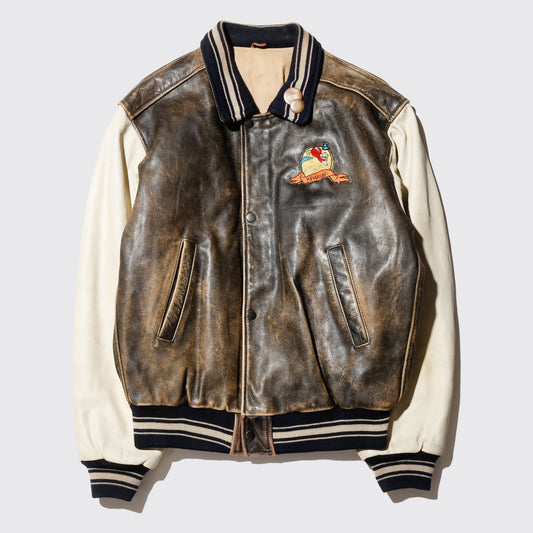 vintage donald duck emblem leather varsity jacket with kapper badge