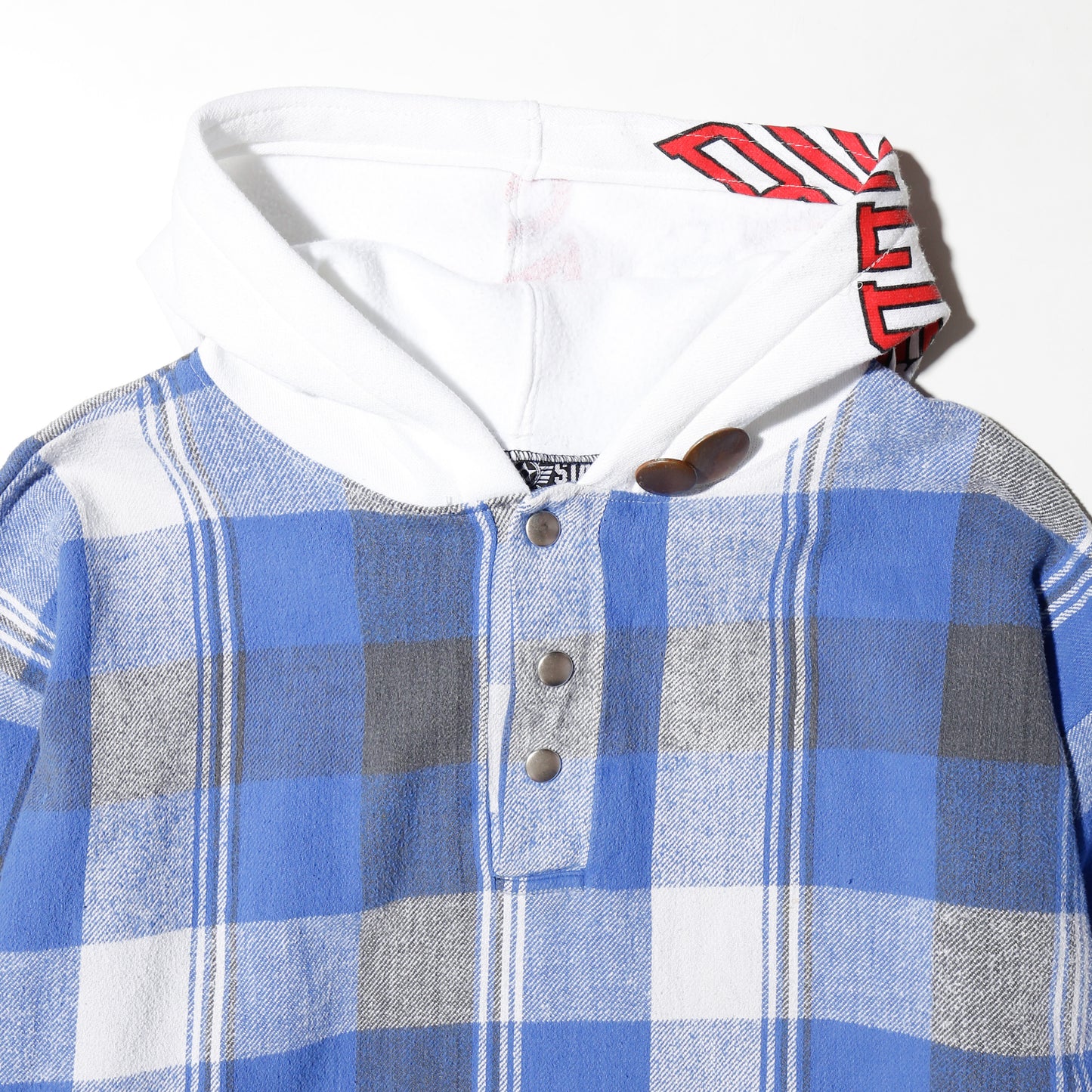 *one-off hybrid check hoodie, with copper badge