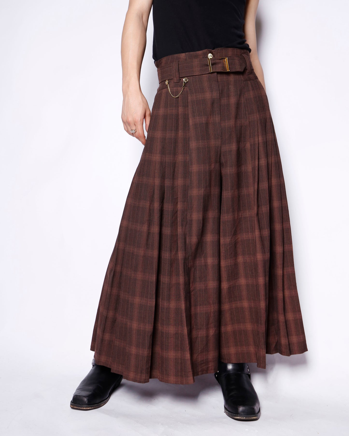 vintage belted check pleats culotte trousers