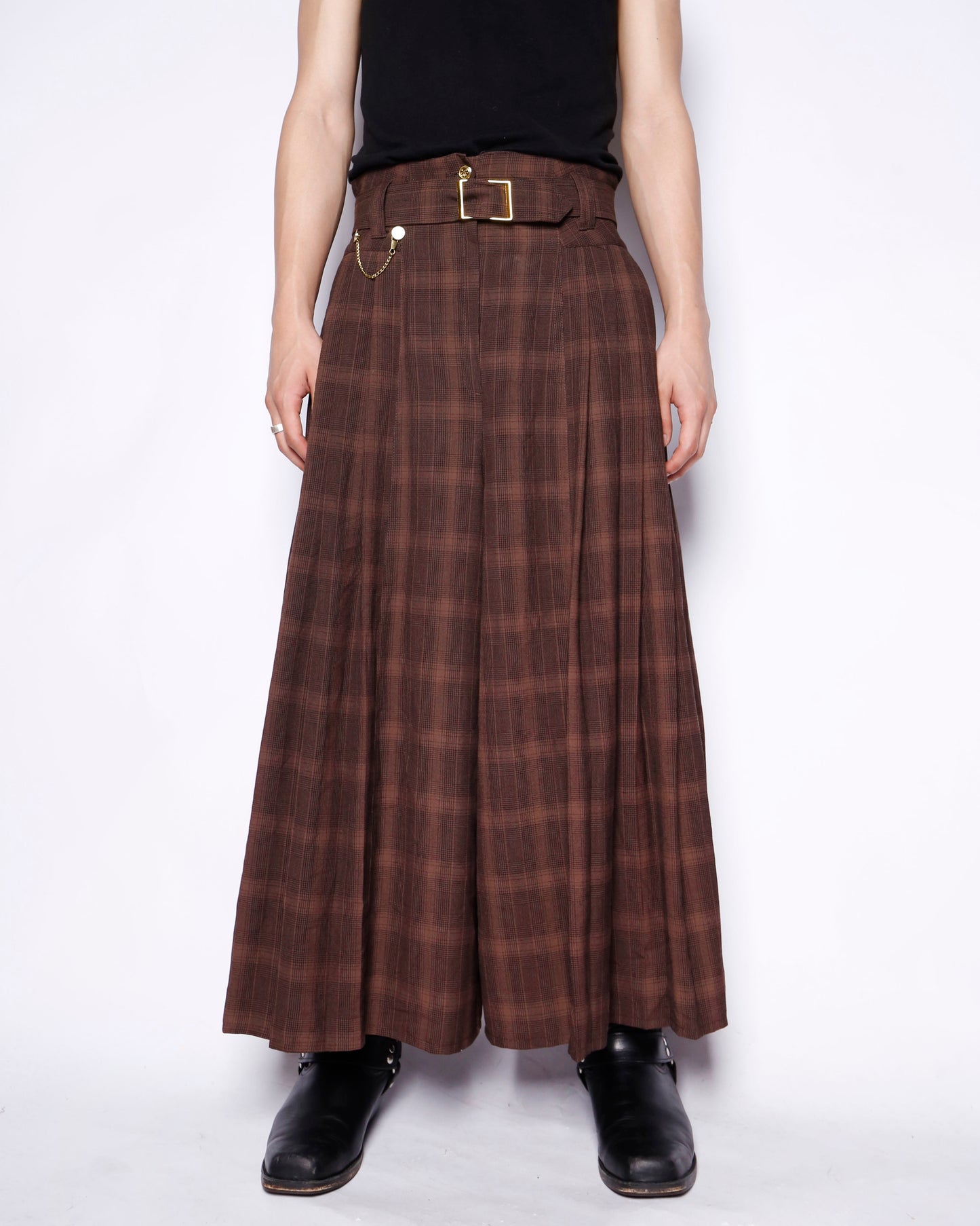 vintage belted check pleats culotte trousers