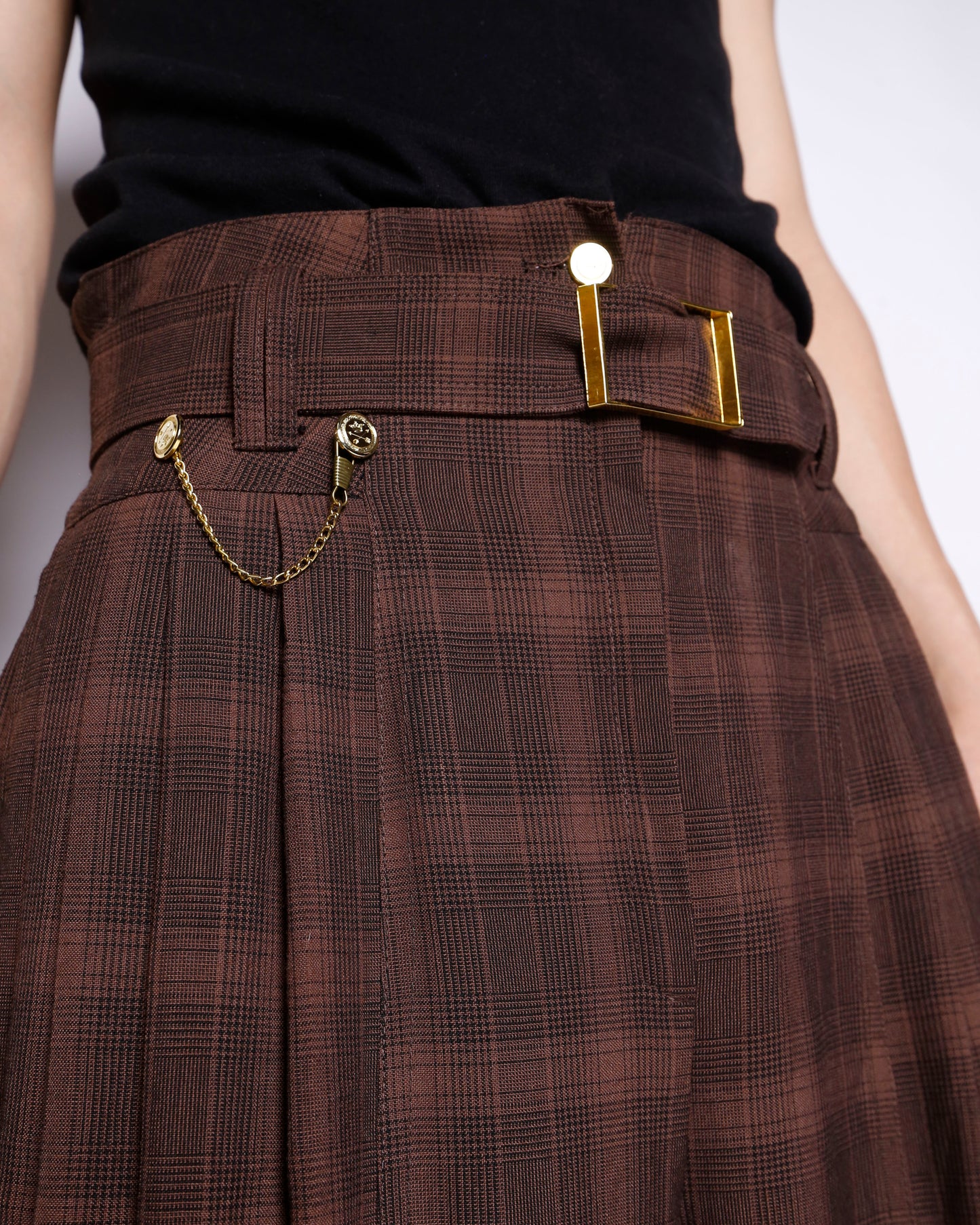 vintage belted check pleats culotte trousers