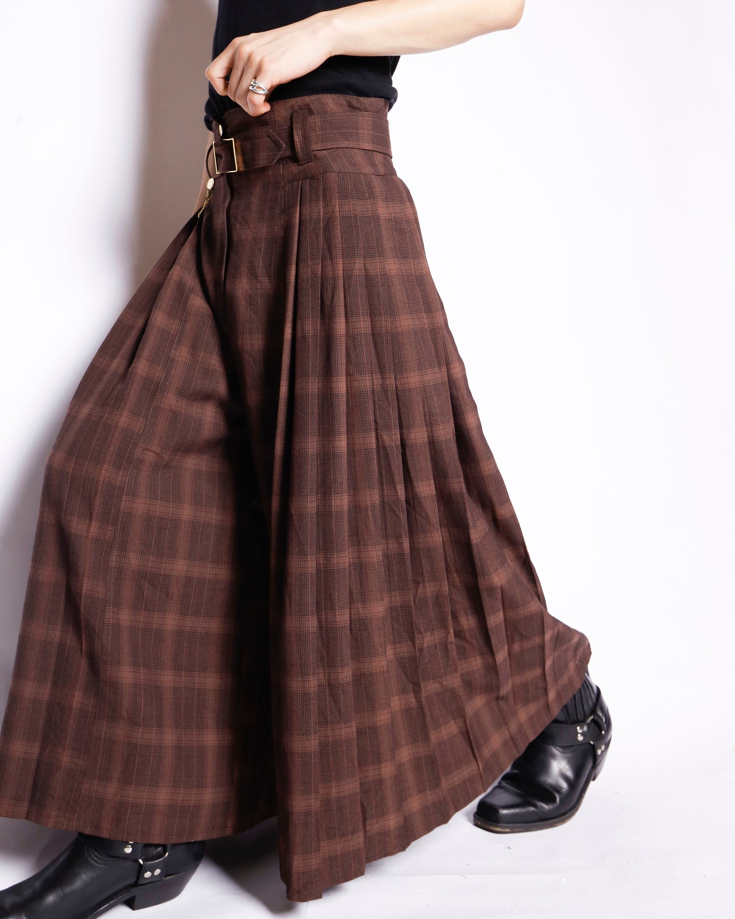 vintage belted check pleats culotte trousers