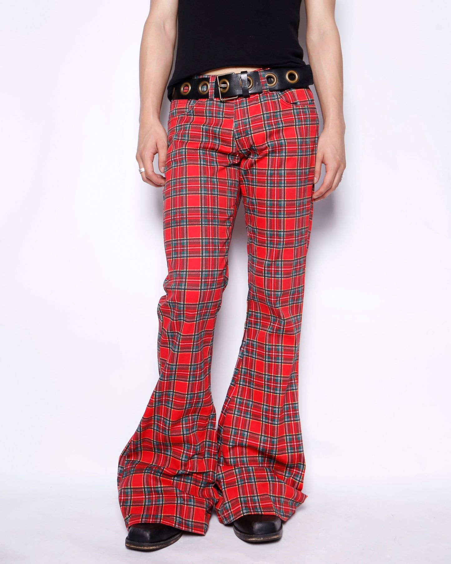 vintage u.k. tartan check mega flare trousers