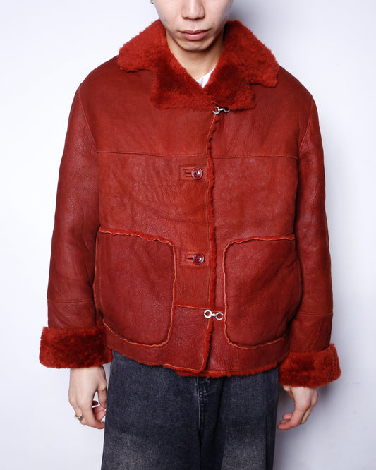 vintage red shearling mouton jacket