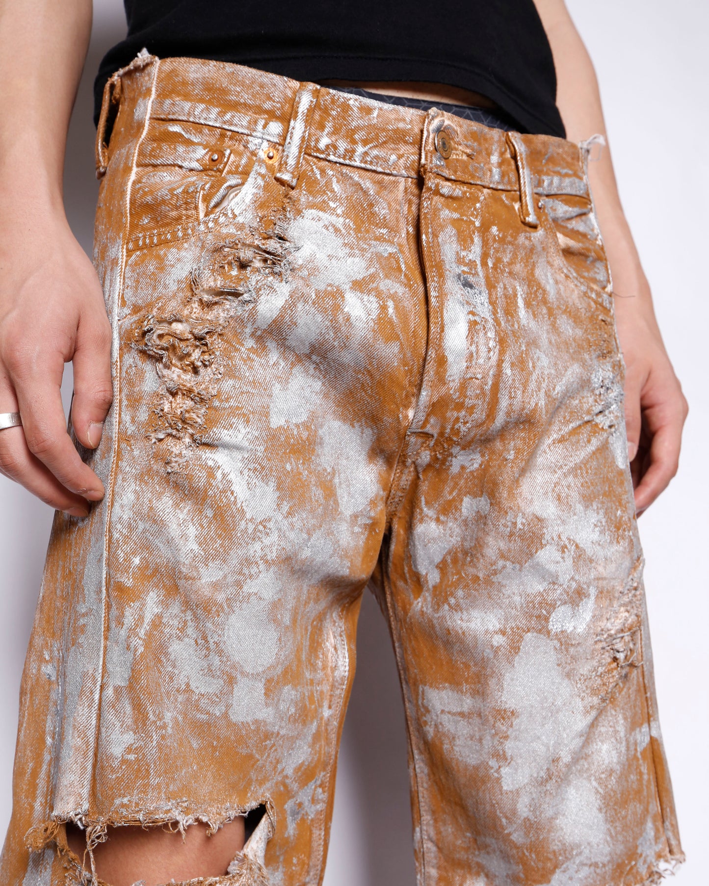 *one-off broken upside down jeans: model- silver dust camel
